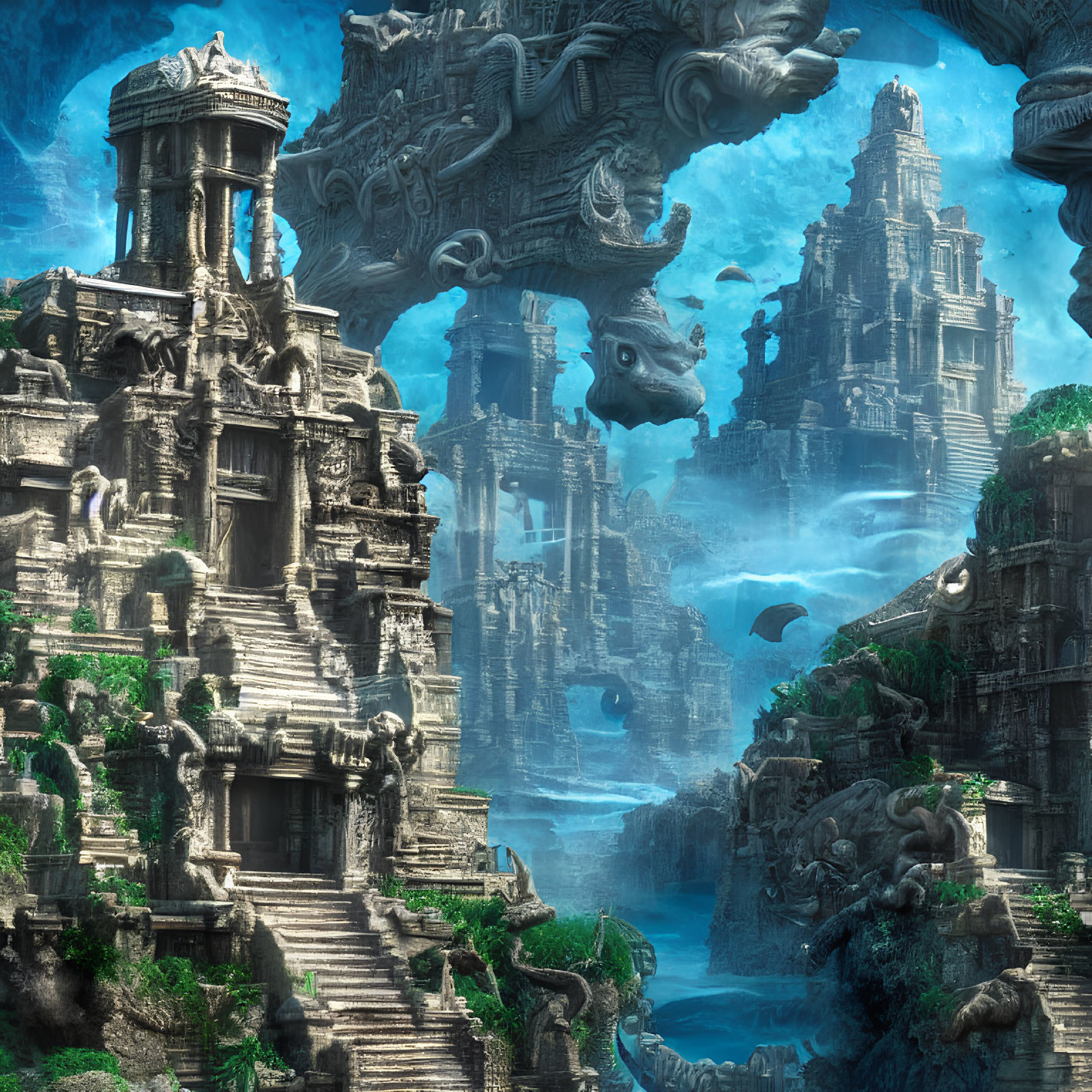 Ethereal underwater city with ancient temples, statues, floating rocks, and marine life