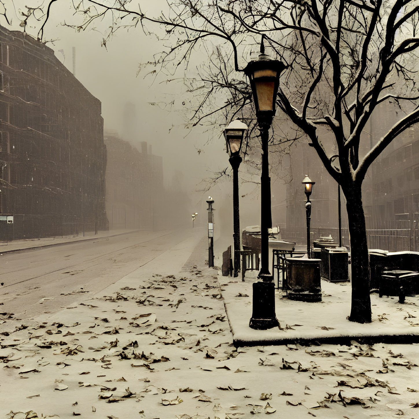 Snow-covered street with leafless trees and vintage street lamps in foggy winter scene