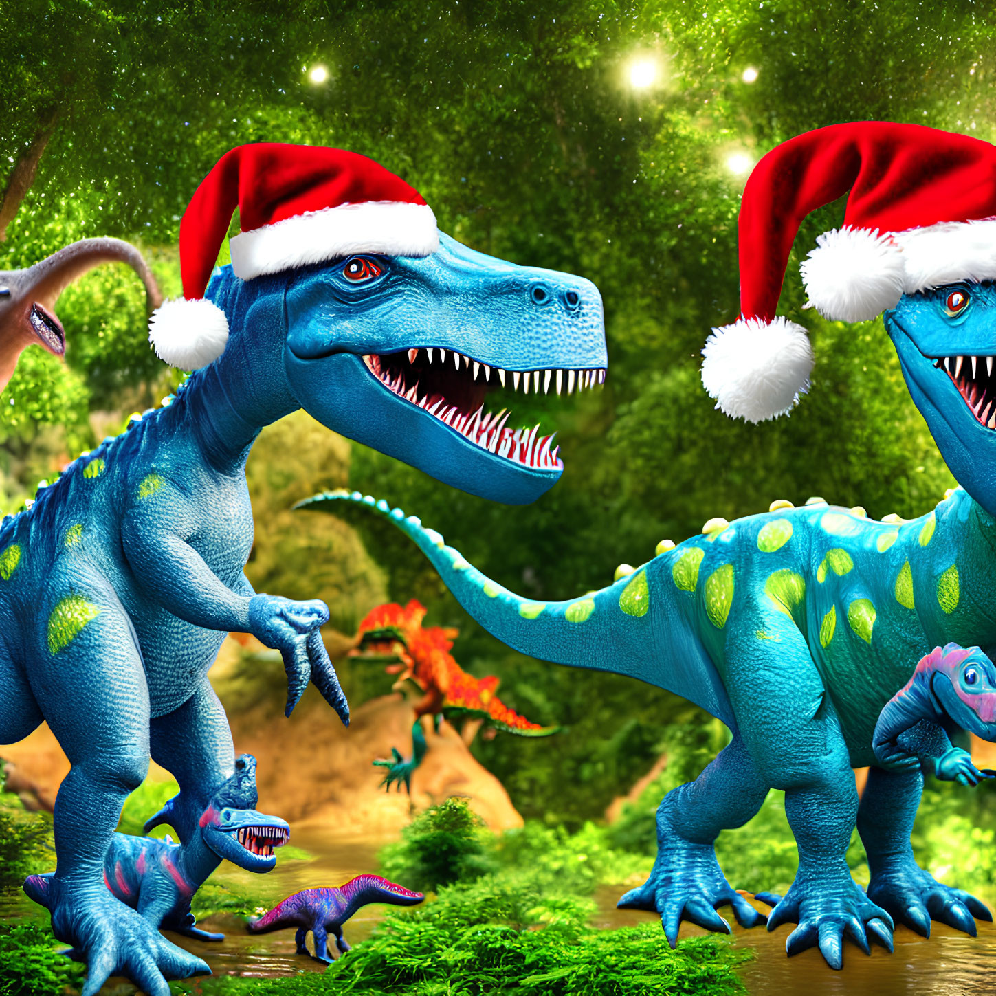 Velociraptors in Santa hats with festive lights in prehistoric scene