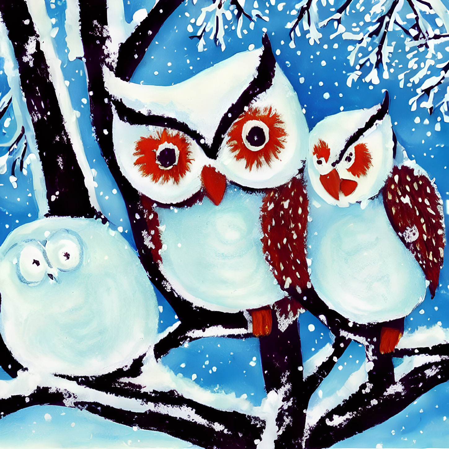 Colorful Stylized Owls Perched on Branch in Winter Scene