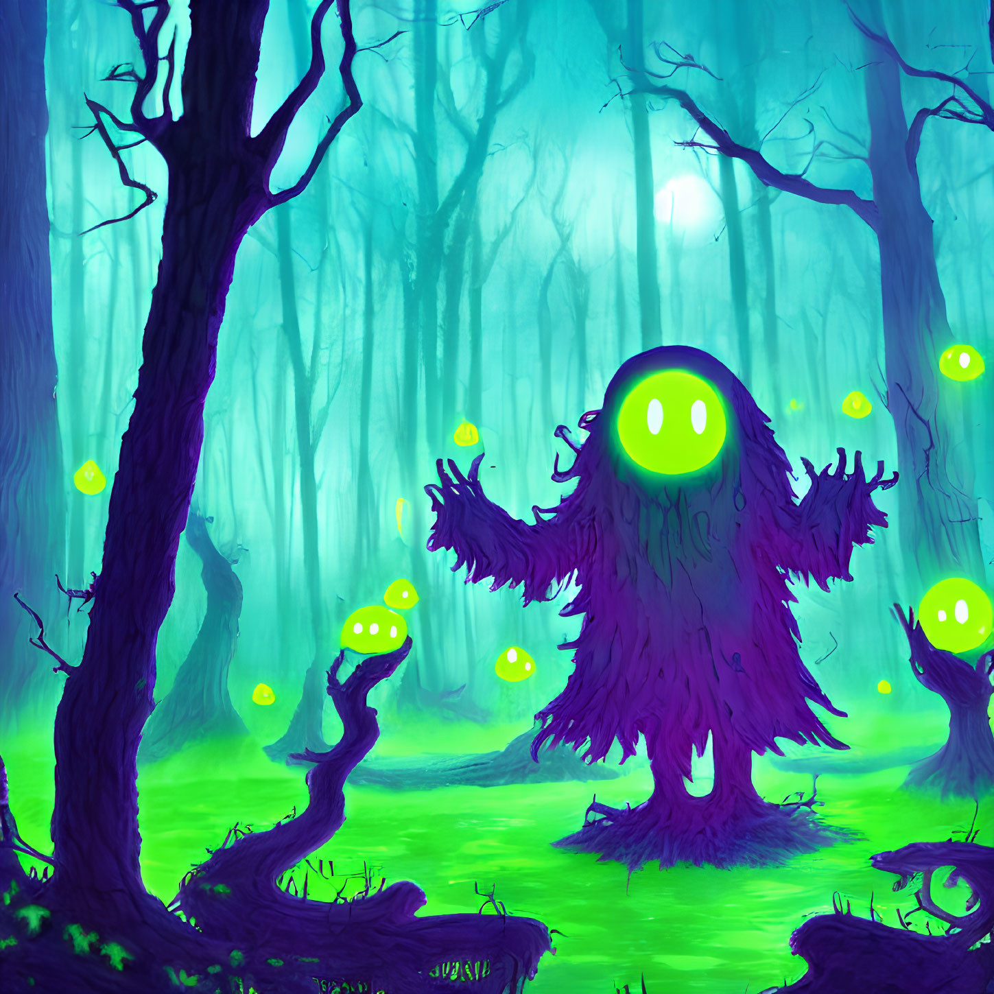 Colorful forest scene with glowing green foliage and friendly purple creature.