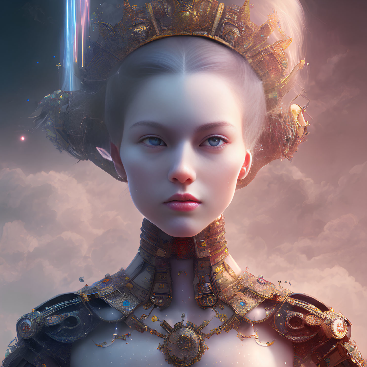 Digital artwork featuring woman in golden headgear and armor against cloudy backdrop