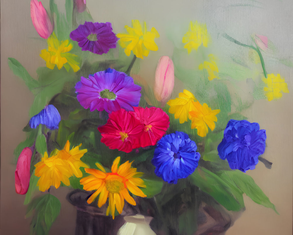 Colorful Flowers in Dark Vase Oil Painting with Blurred Effect