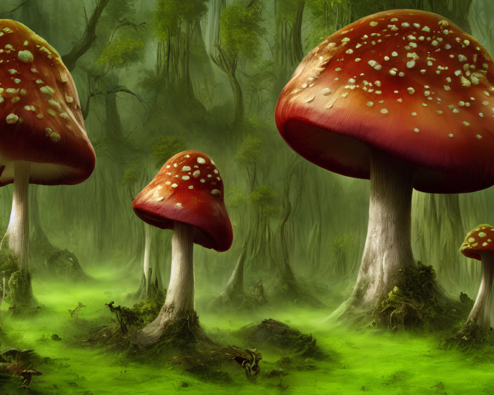 Enchanted forest with oversized red-capped mushrooms and twisted trees