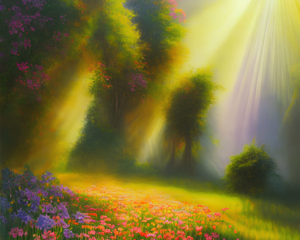 Sunlit Forest Glade with Colorful Flowers and Rays