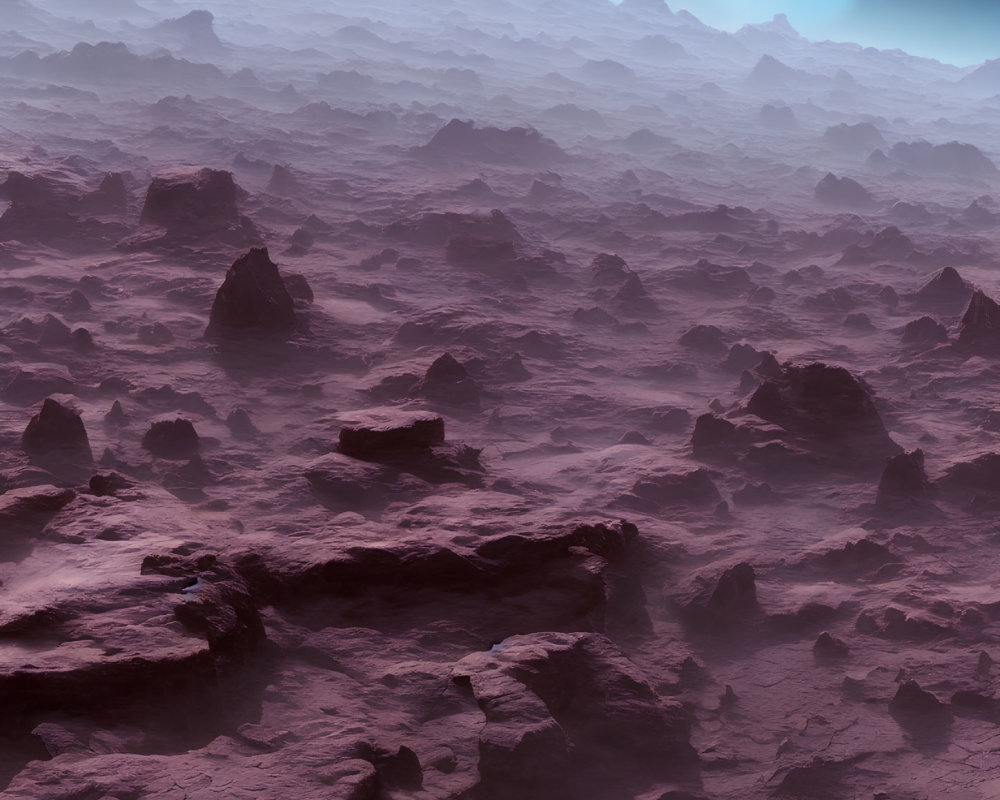 Desolate rocky alien landscape under purple sky