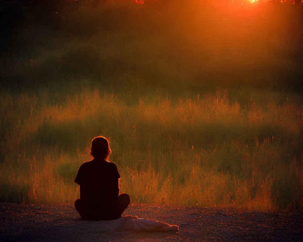 Silhouetted person against vibrant sunset with trees and grass.