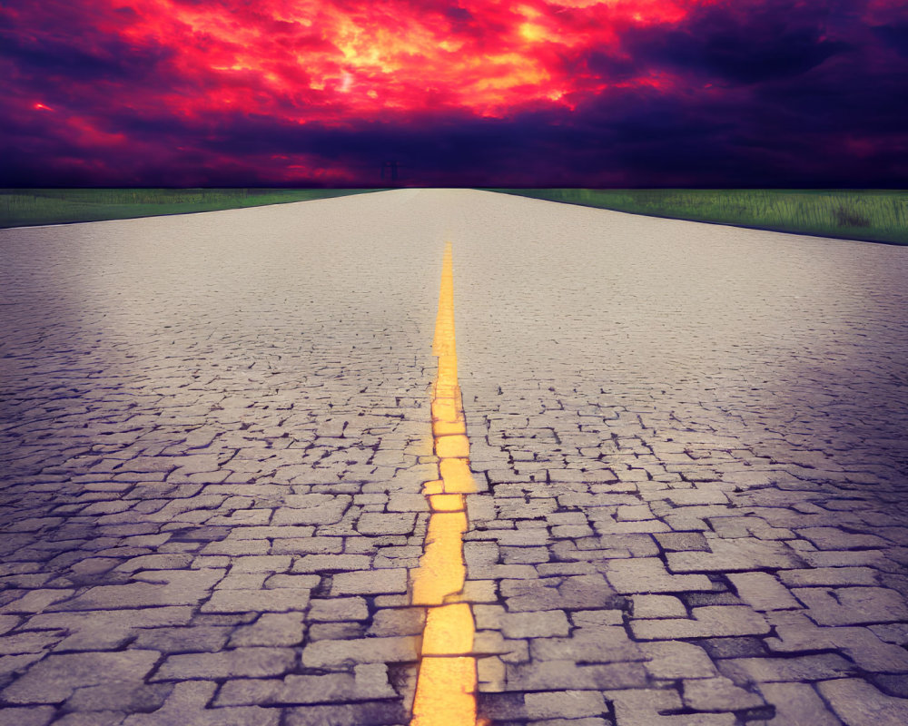 Scenic open road with fiery sunset sky and green fields