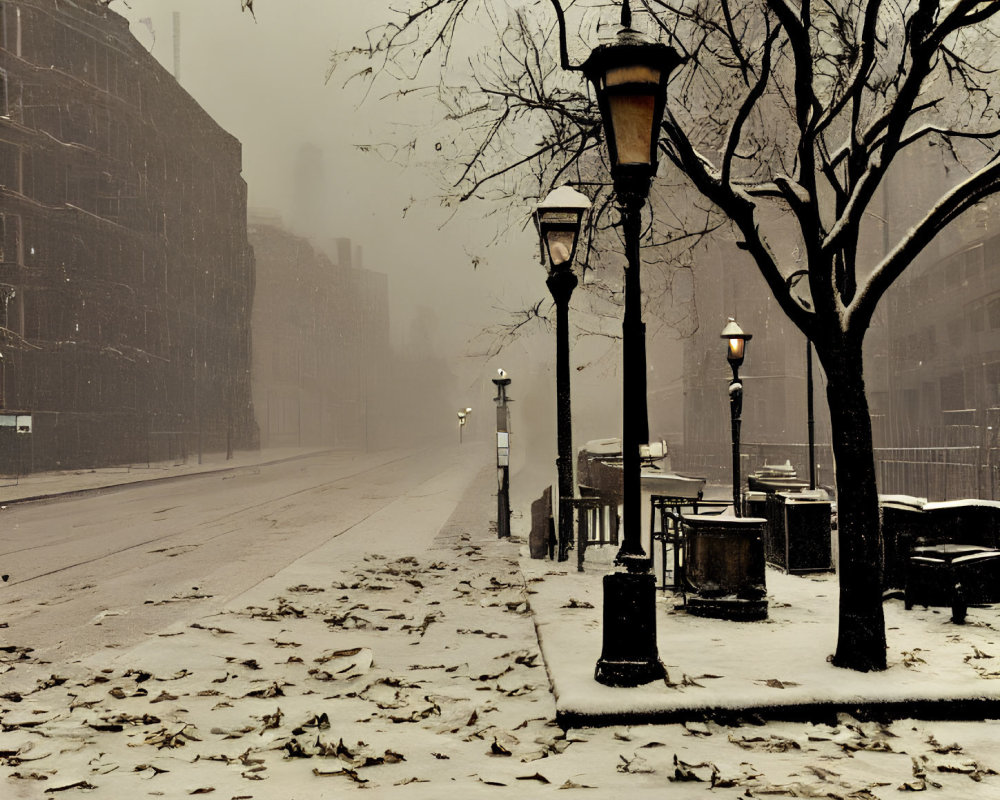 Snow-covered street with leafless trees and vintage street lamps in foggy winter scene