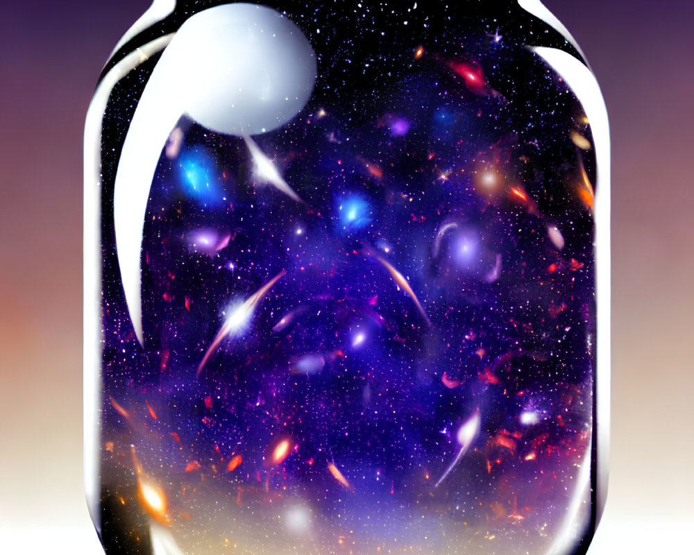 Glass jar with cosmic scene on gradient background.