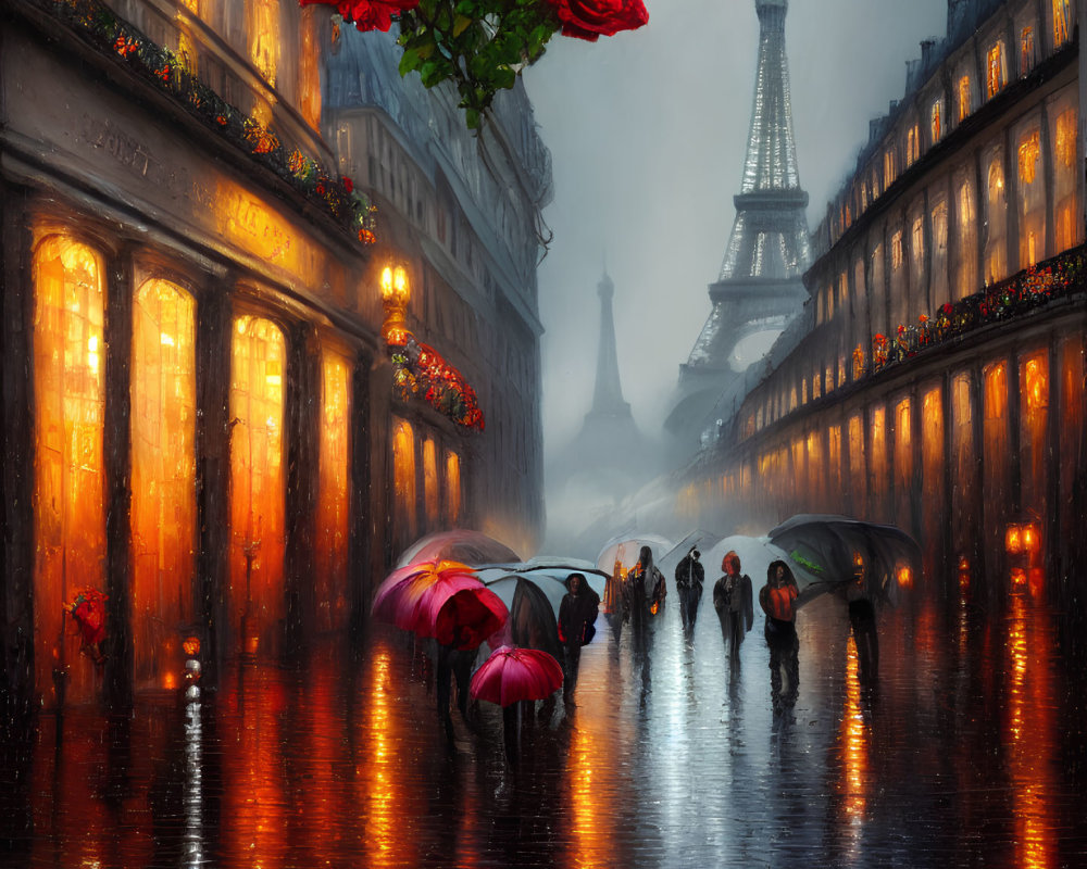 Rainy Evening in Paris: Umbrella-Carrying People, Glowing Shop Windows, Misty