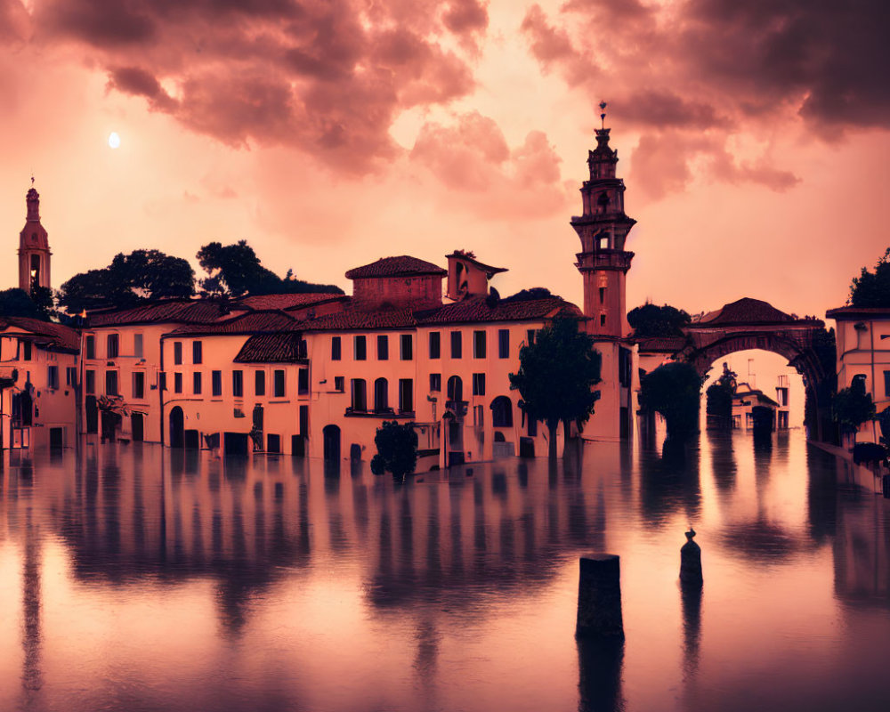 Dramatic purple sunset over flooded city with silhouetted buildings reflected in water