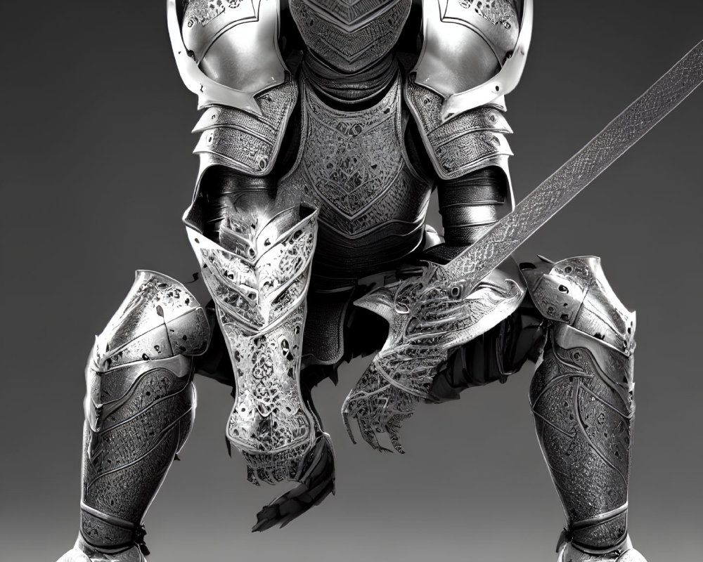 Detailed Image: Knight in Ornate Full Plate Armor Kneeling with Sword