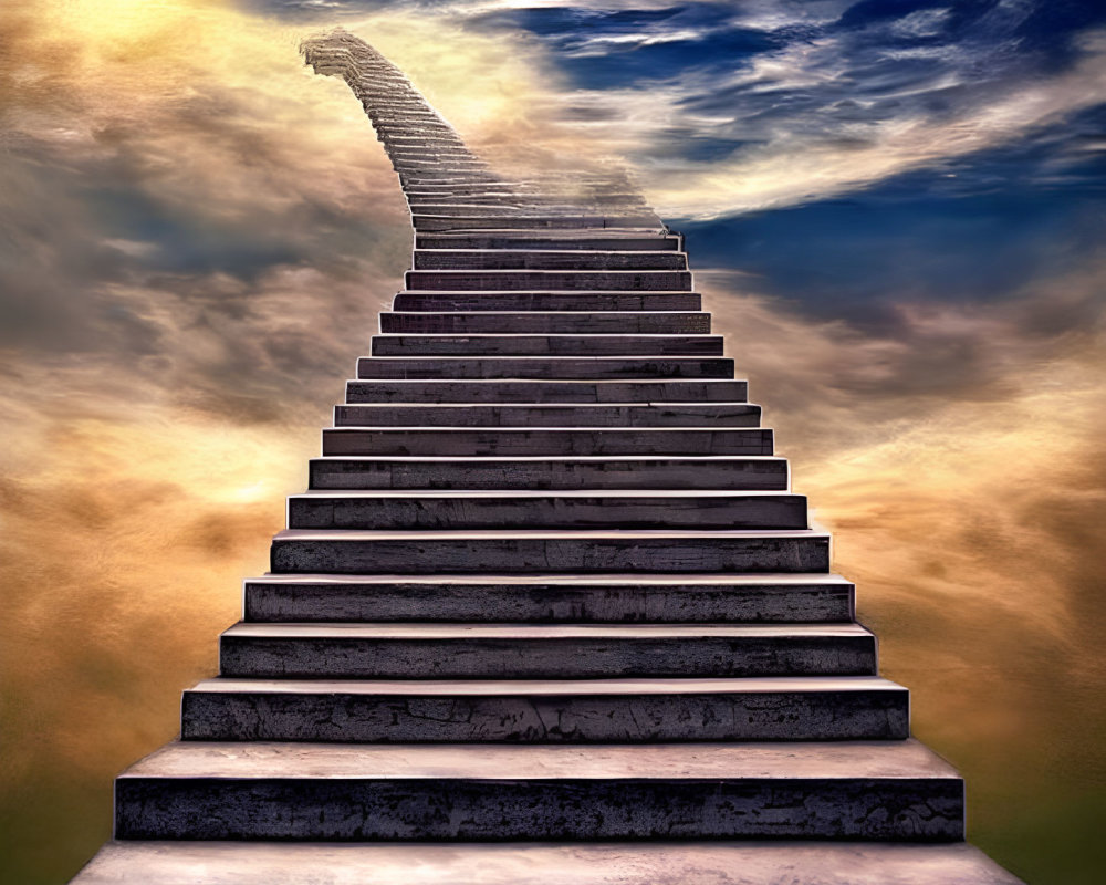 Endless staircase in surreal sky with clouds symbolizing infinity