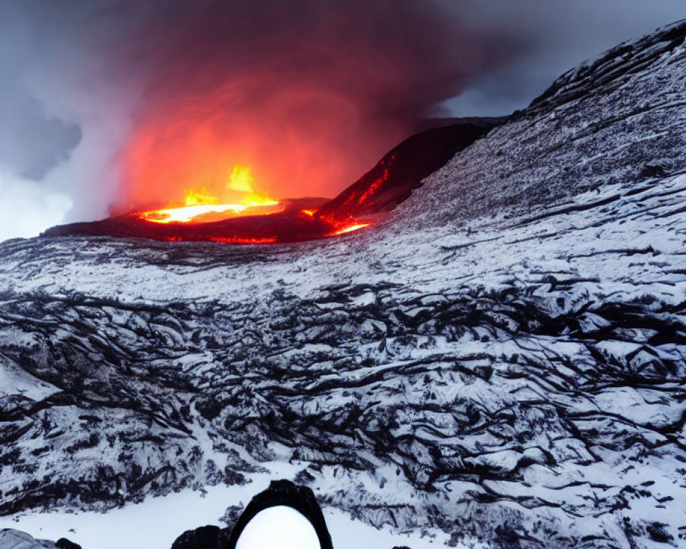 Twilight volcanic eruption contrasts snowy landscape