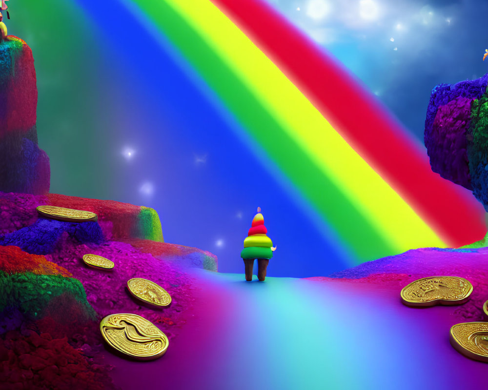 Fantasy landscape with rainbow bridge, gnome figure, gold coins, starry sky