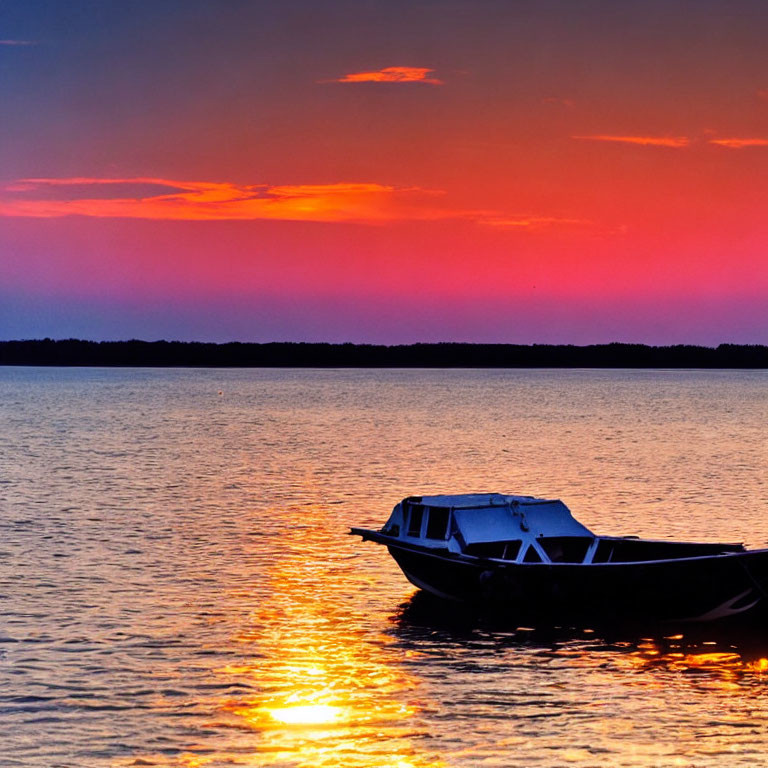 Tranquil sunset with orange and purple hues reflecting on water.