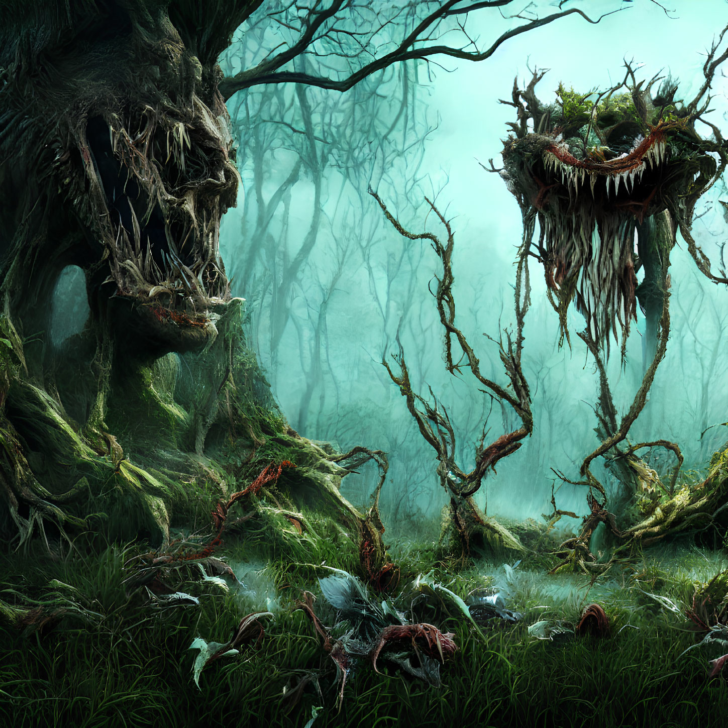 Towering tree creatures in misty forest scene