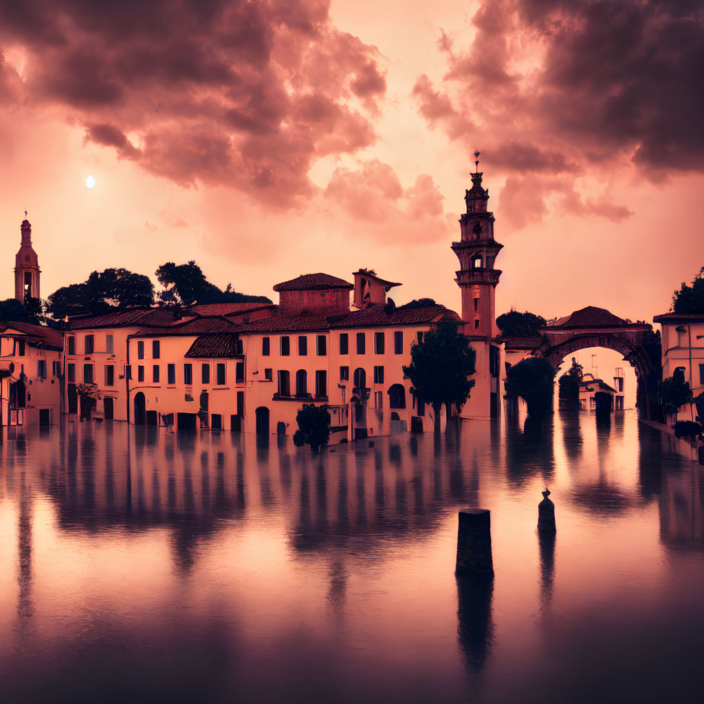 Dramatic purple sunset over flooded city with silhouetted buildings reflected in water