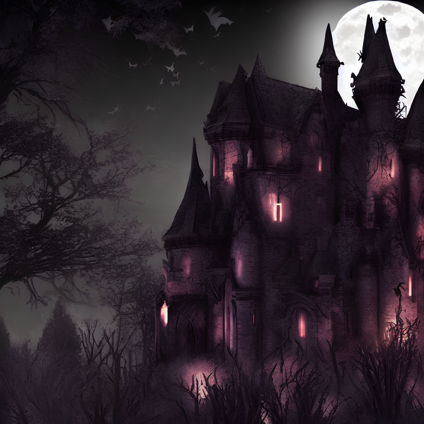 Gothic castle at dusk with purple sky, moon backlight, bats flying, and glowing pinkish