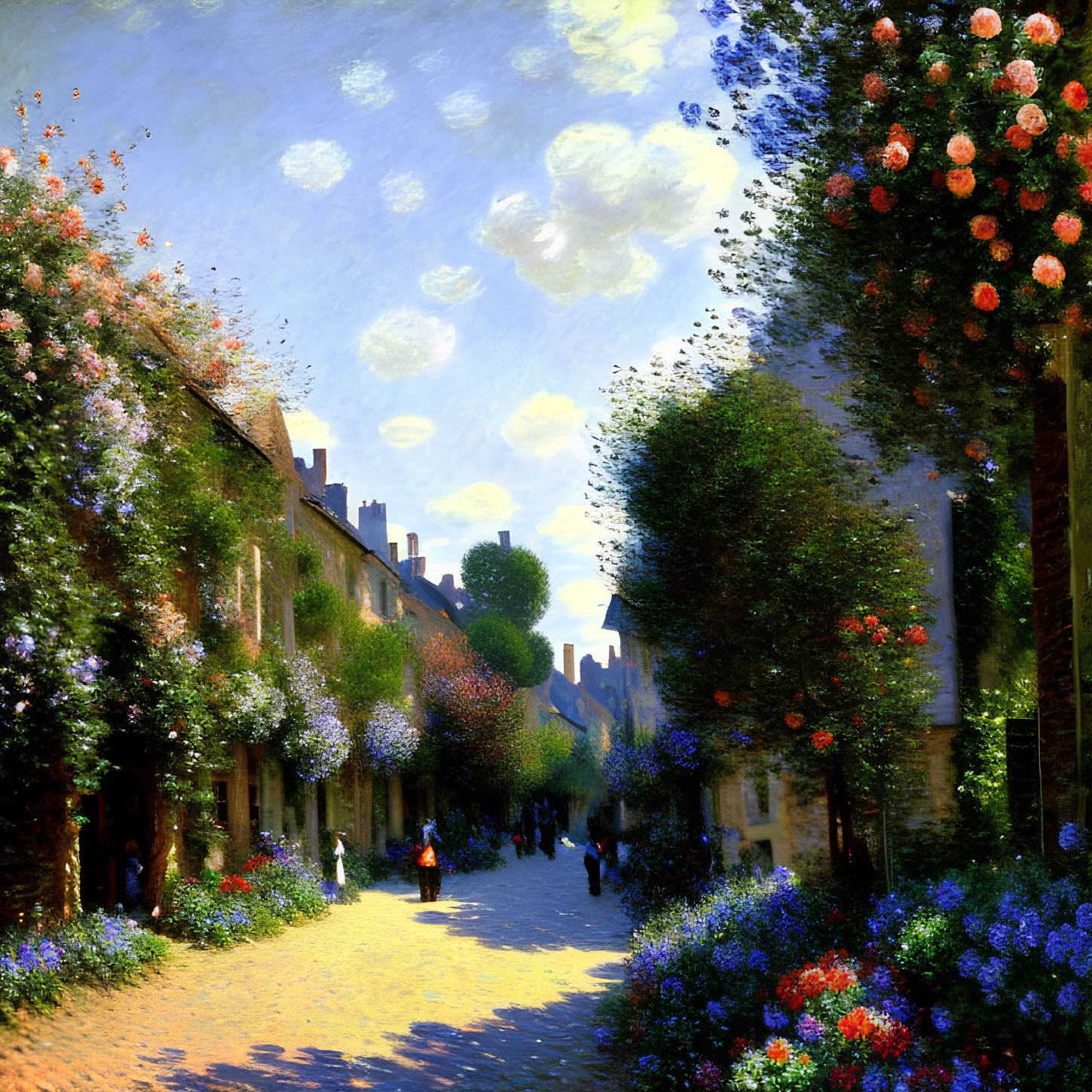 Colorful painting of sunlit cobbled street with flowers, greenery, and pedestrians.