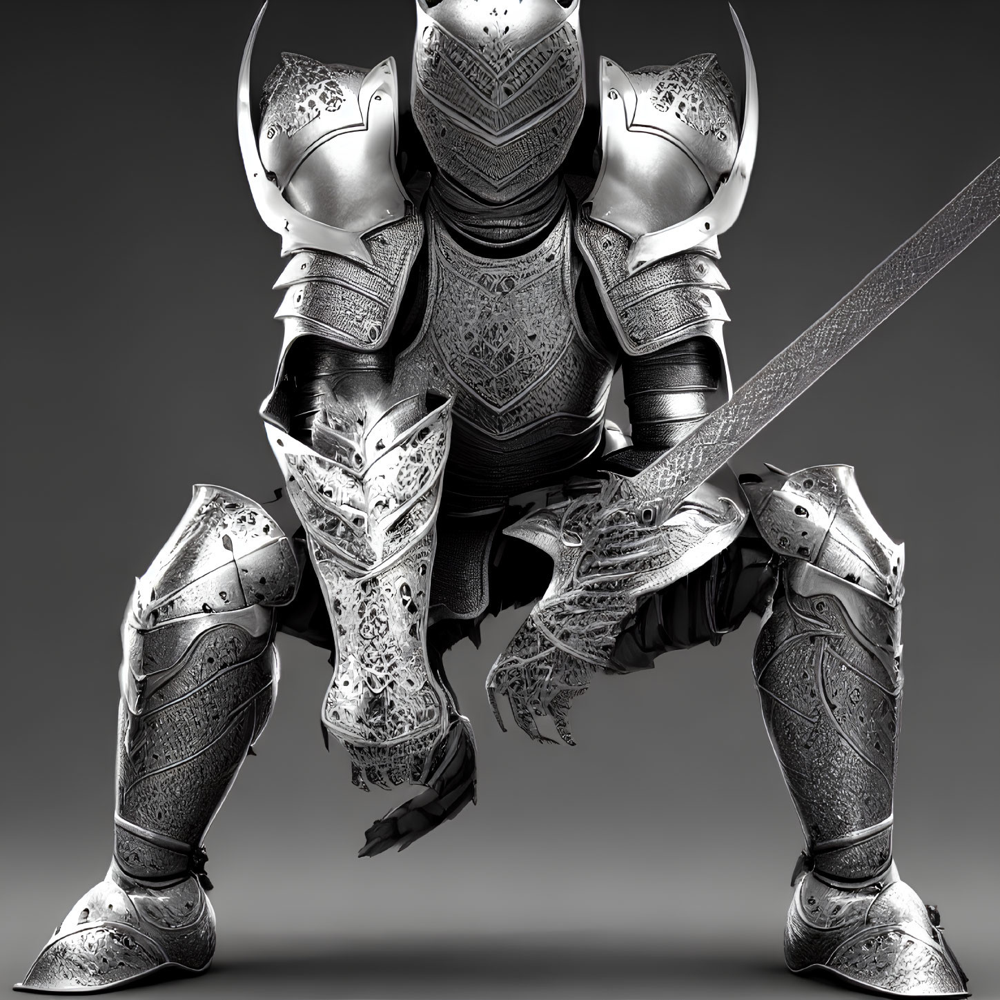 Detailed Image: Knight in Ornate Full Plate Armor Kneeling with Sword