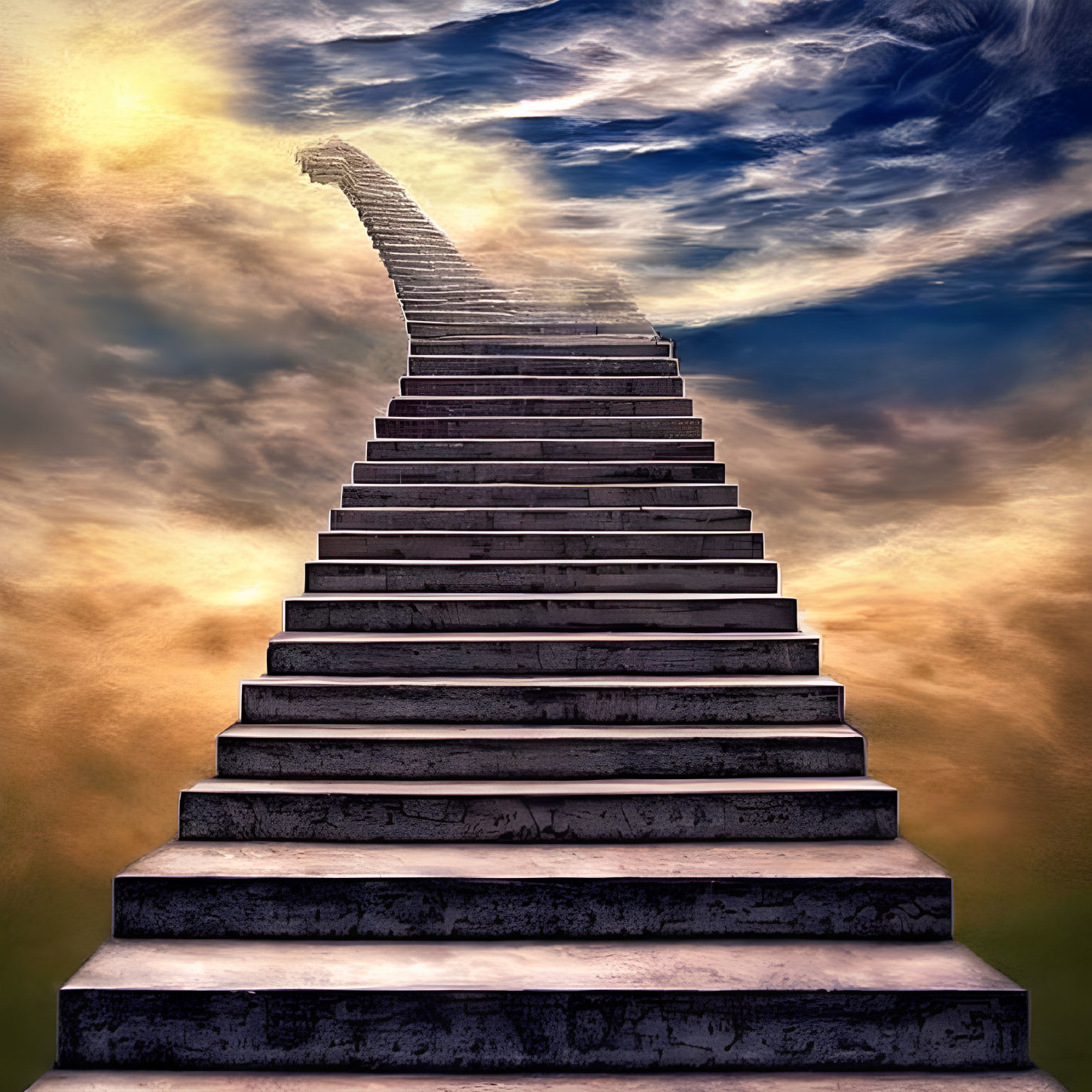 Endless staircase in surreal sky with clouds symbolizing infinity