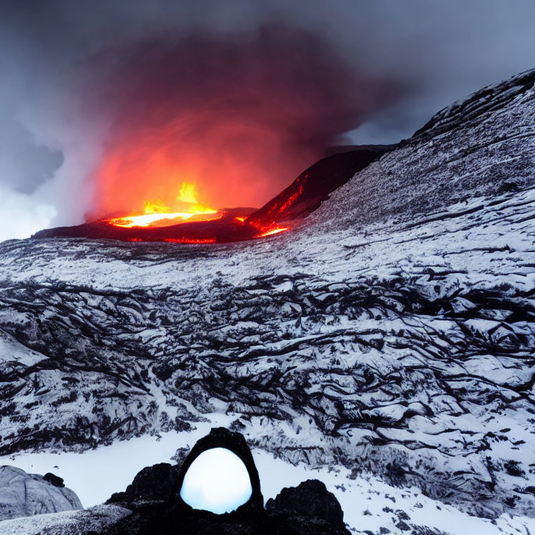 Twilight volcanic eruption contrasts snowy landscape