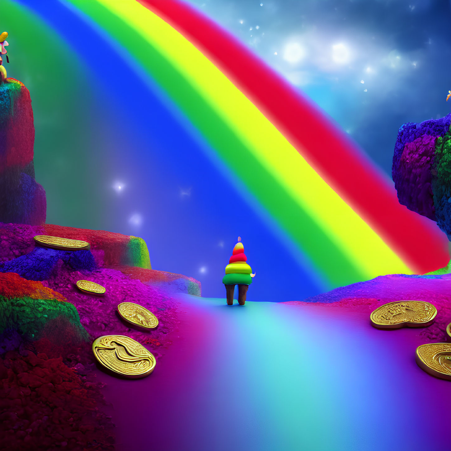 Fantasy landscape with rainbow bridge, gnome figure, gold coins, starry sky