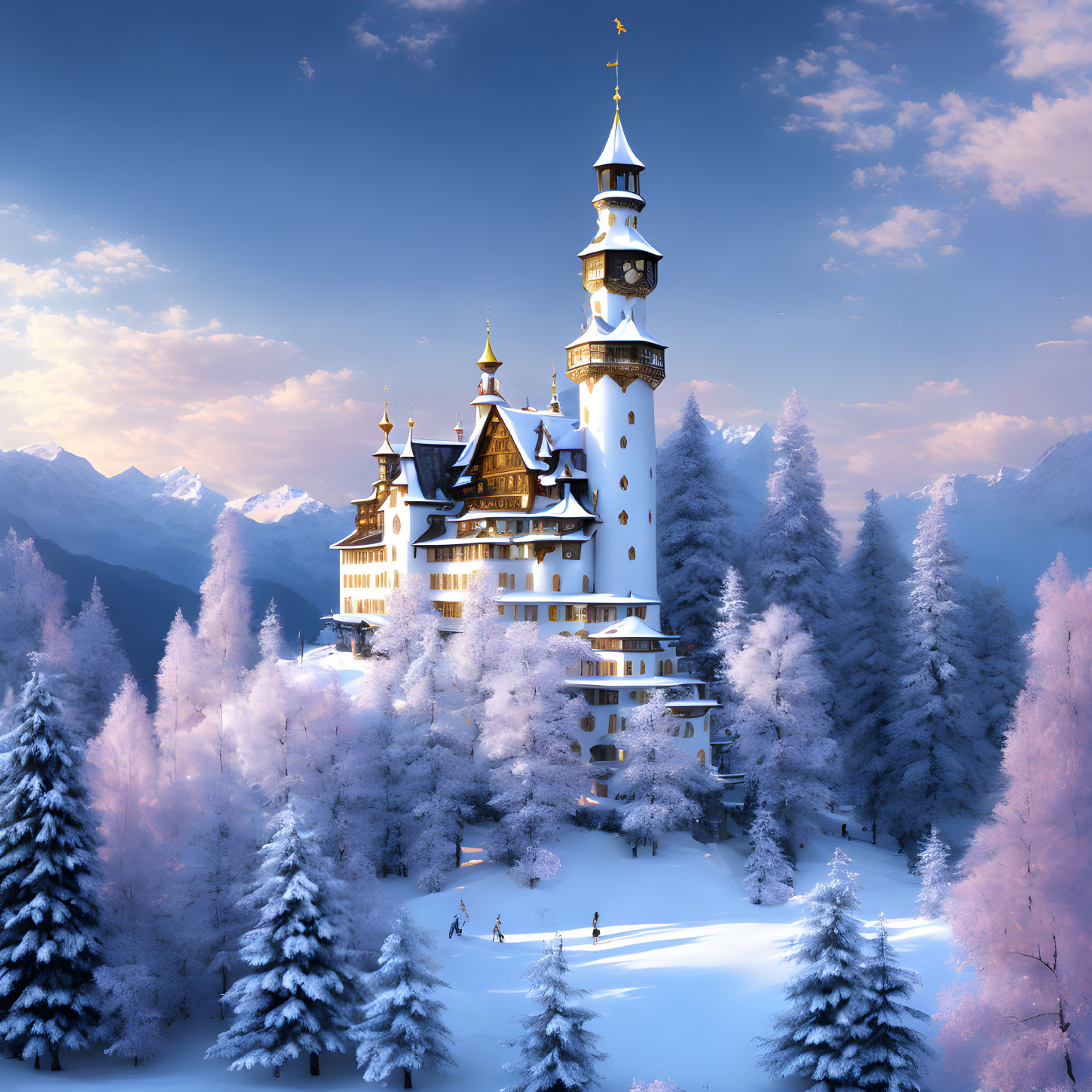 Snowy landscape with castle, frosted trees, sunset glow, and mountains