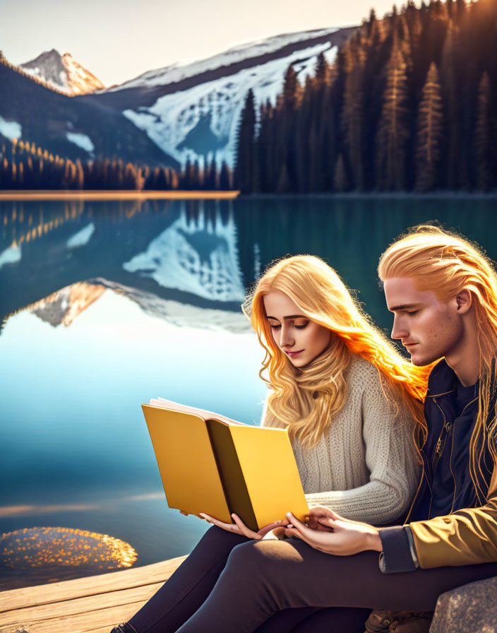 People reading book by mountain lake at sunset with snow-capped peaks.