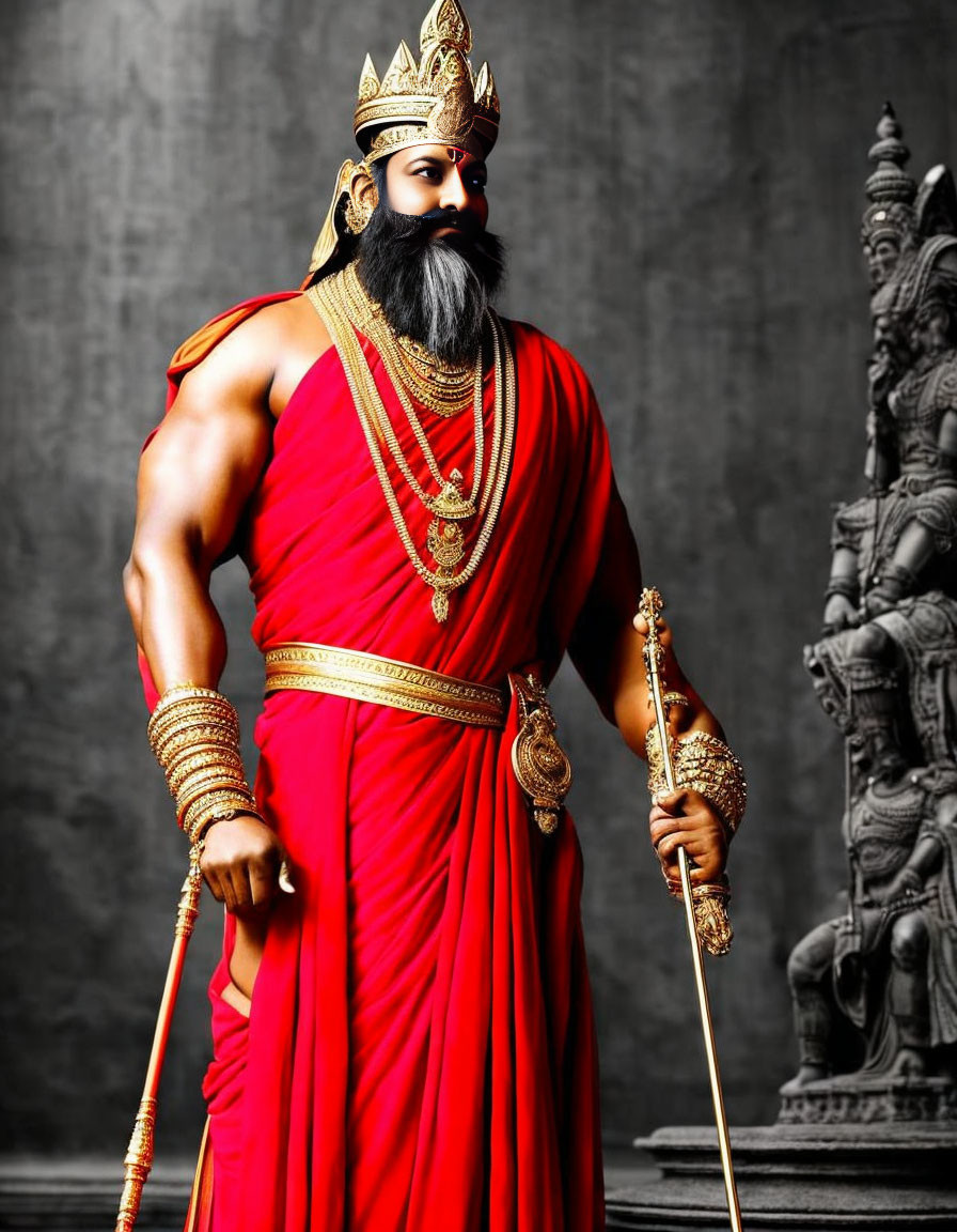 Regal man in red and gold costume with crown and scepter against ancient statue backdrop