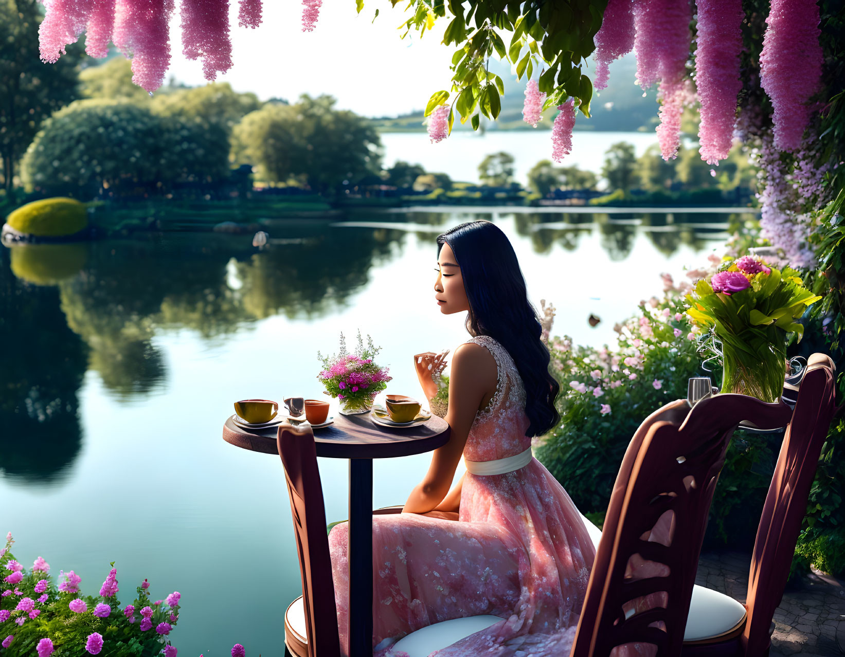 Woman in Pink Dress at Table with Teacup Surrounded by Greenery and Flowers by Lake