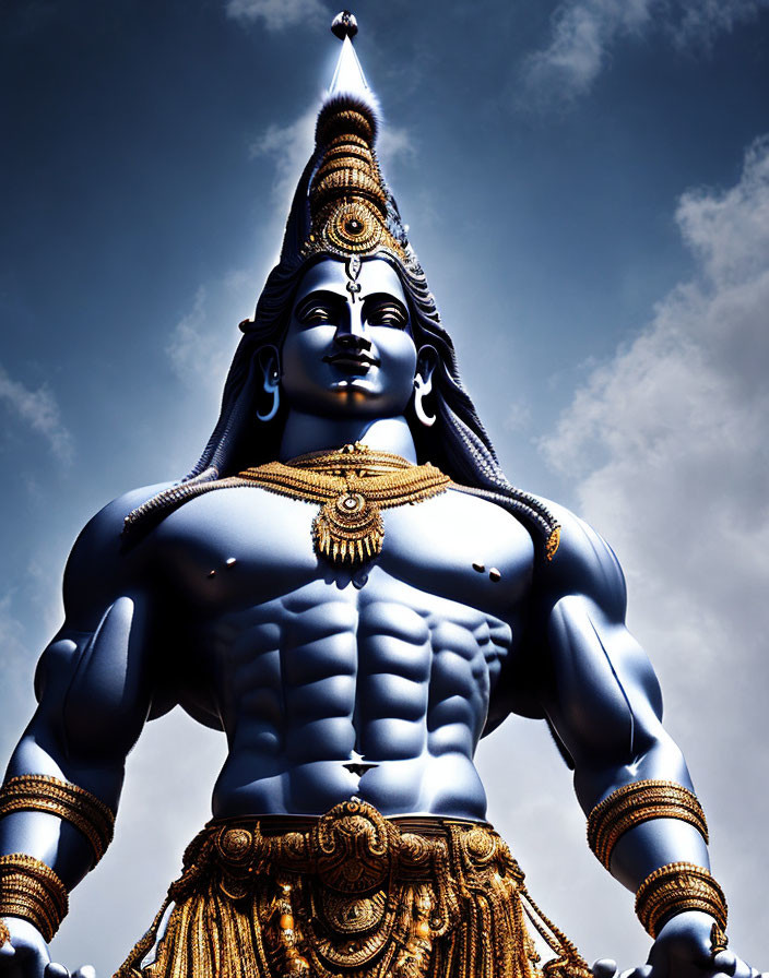 Blue-skinned Lord Shiva statue with golden ornaments on cloudy sky