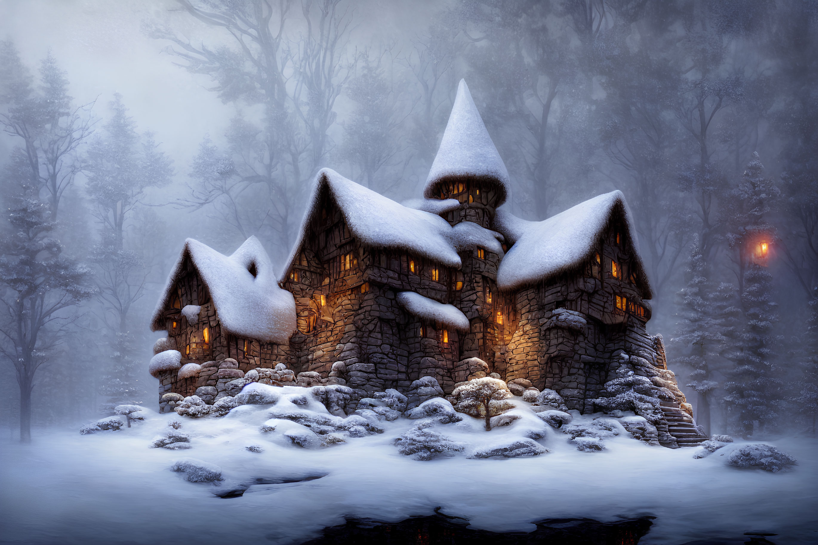 Snow-covered stone cottage in misty forest with warm glowing windows