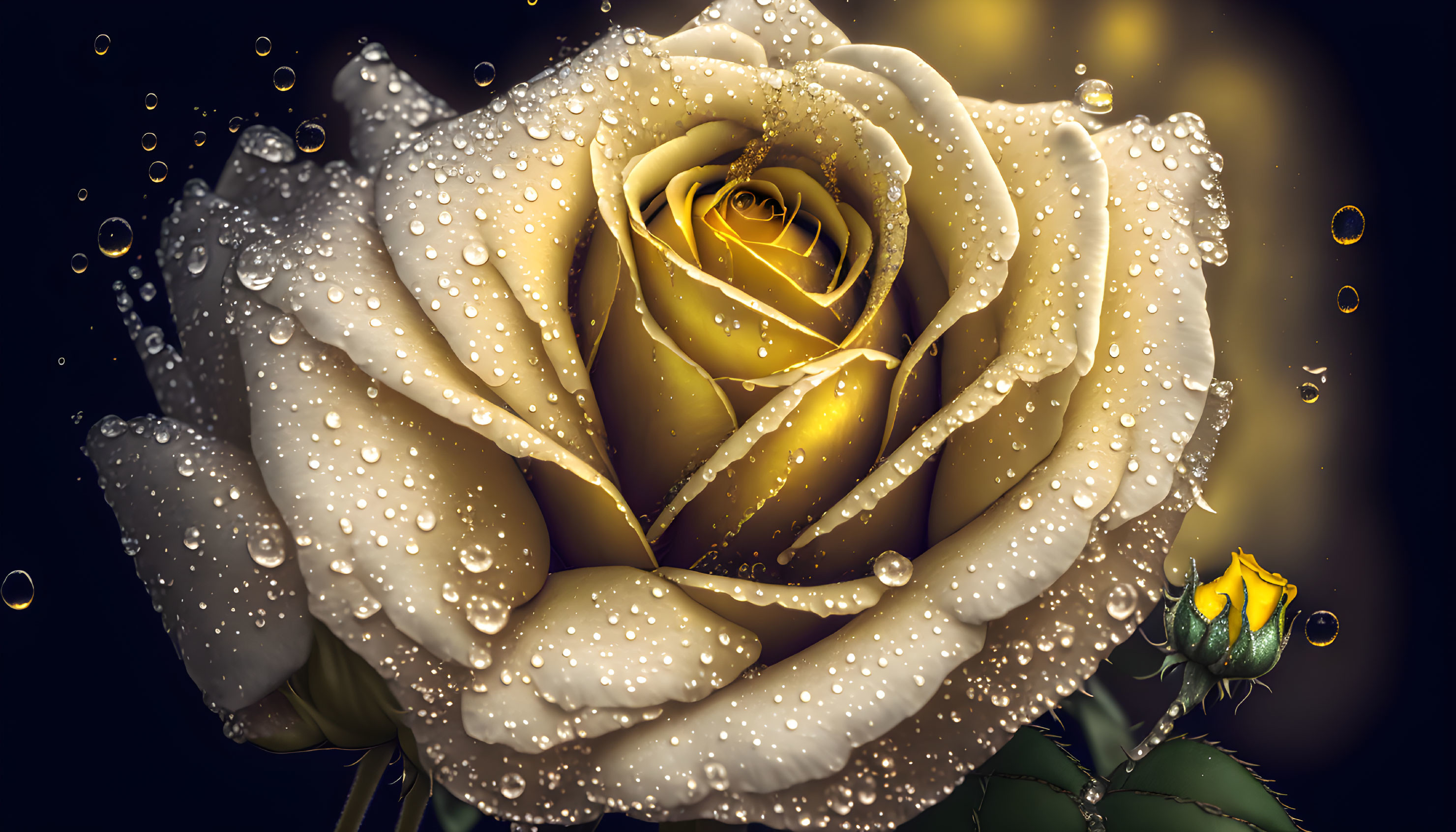 Yellow rose with water droplets on dark background - bokeh lights and bubbles