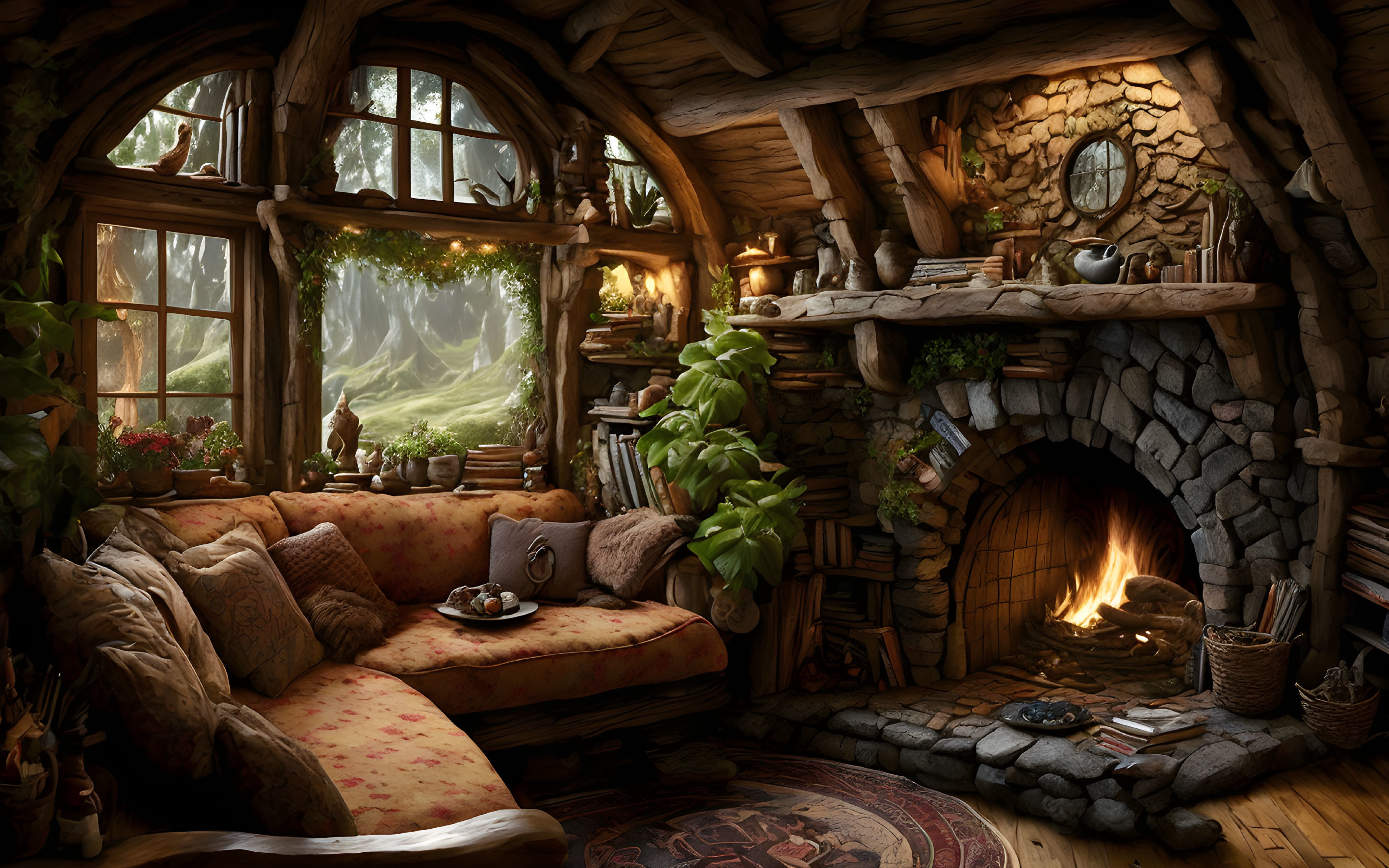 Rustic interior with stone fireplace, plush sofa, wooden beams, and forest view