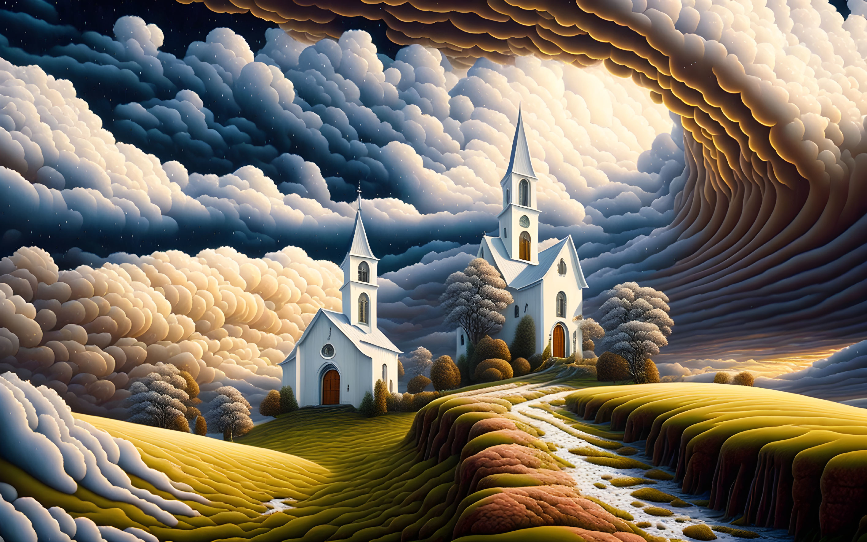 White churches in rolling hills under dramatic cloud formation at sunset or sunrise