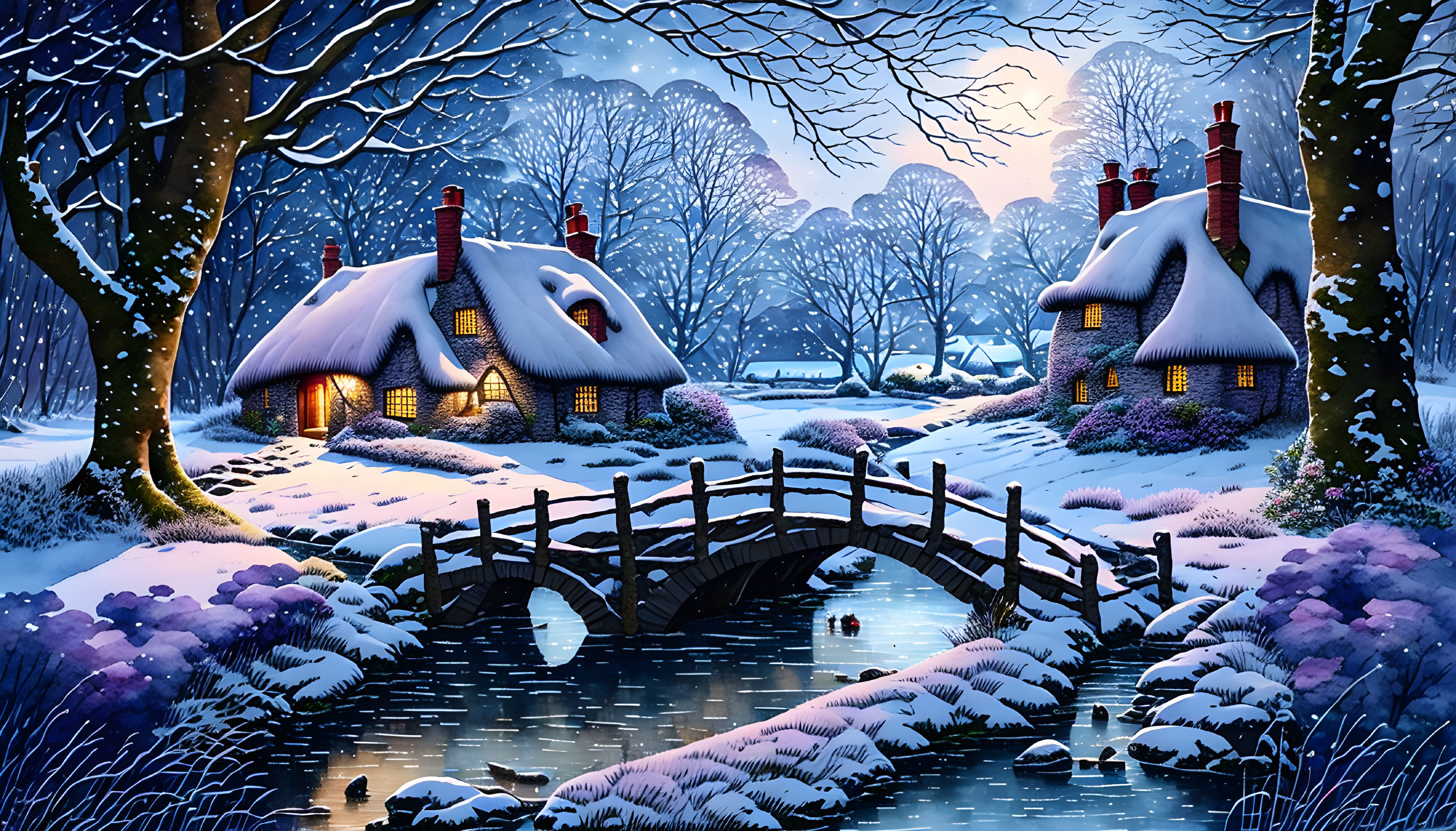 Snow-covered thatched cottages at twilight with wooden bridge, ducks, purple flora, and wintry