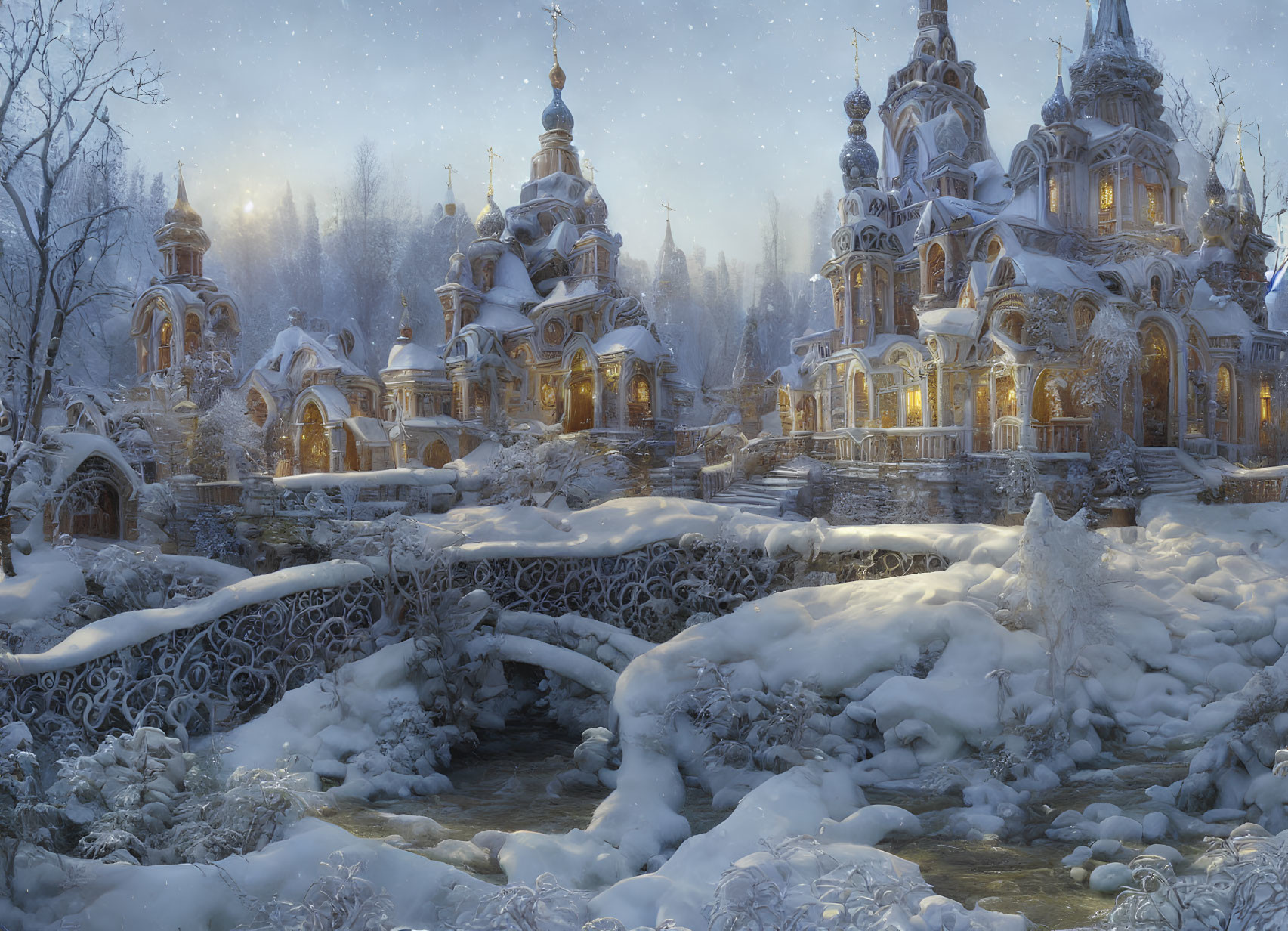 Snow-covered buildings and stone bridge in serene winter landscape