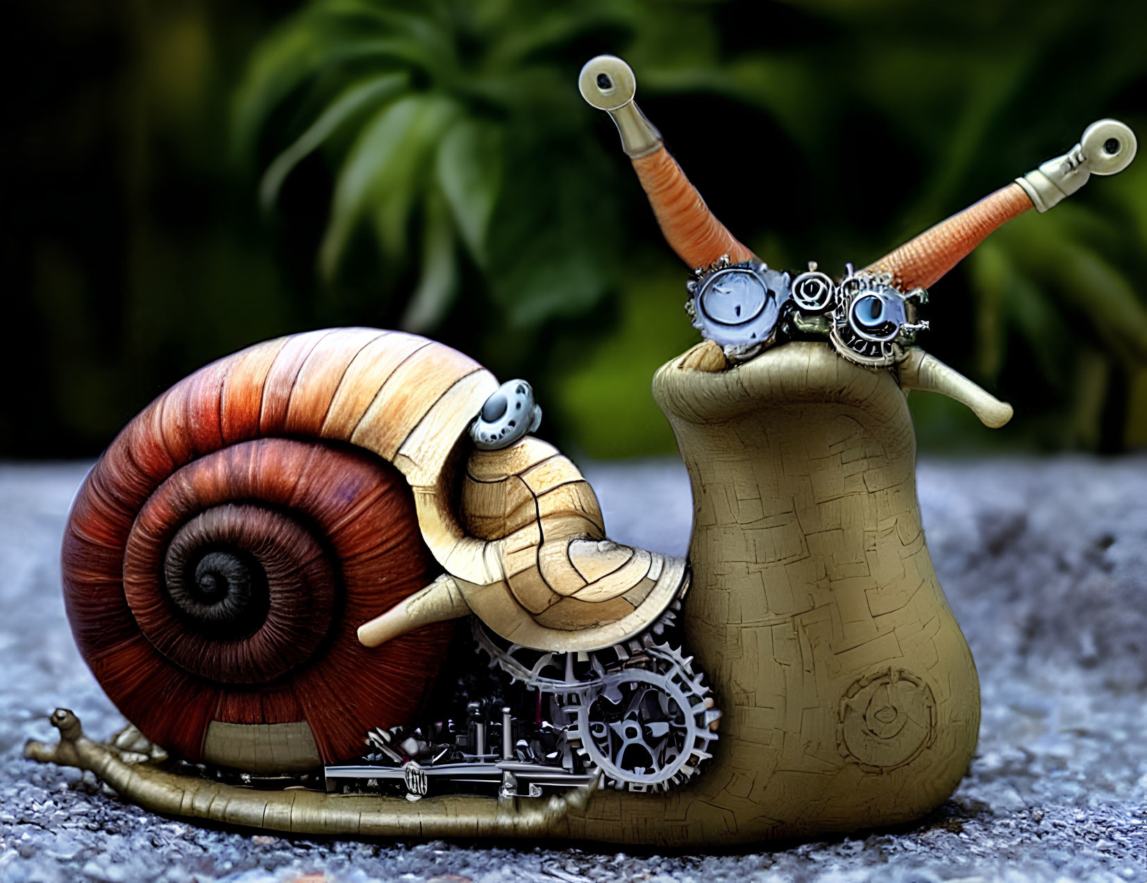 Steampunk-style snails with metallic parts and gears on brown and beige shells.