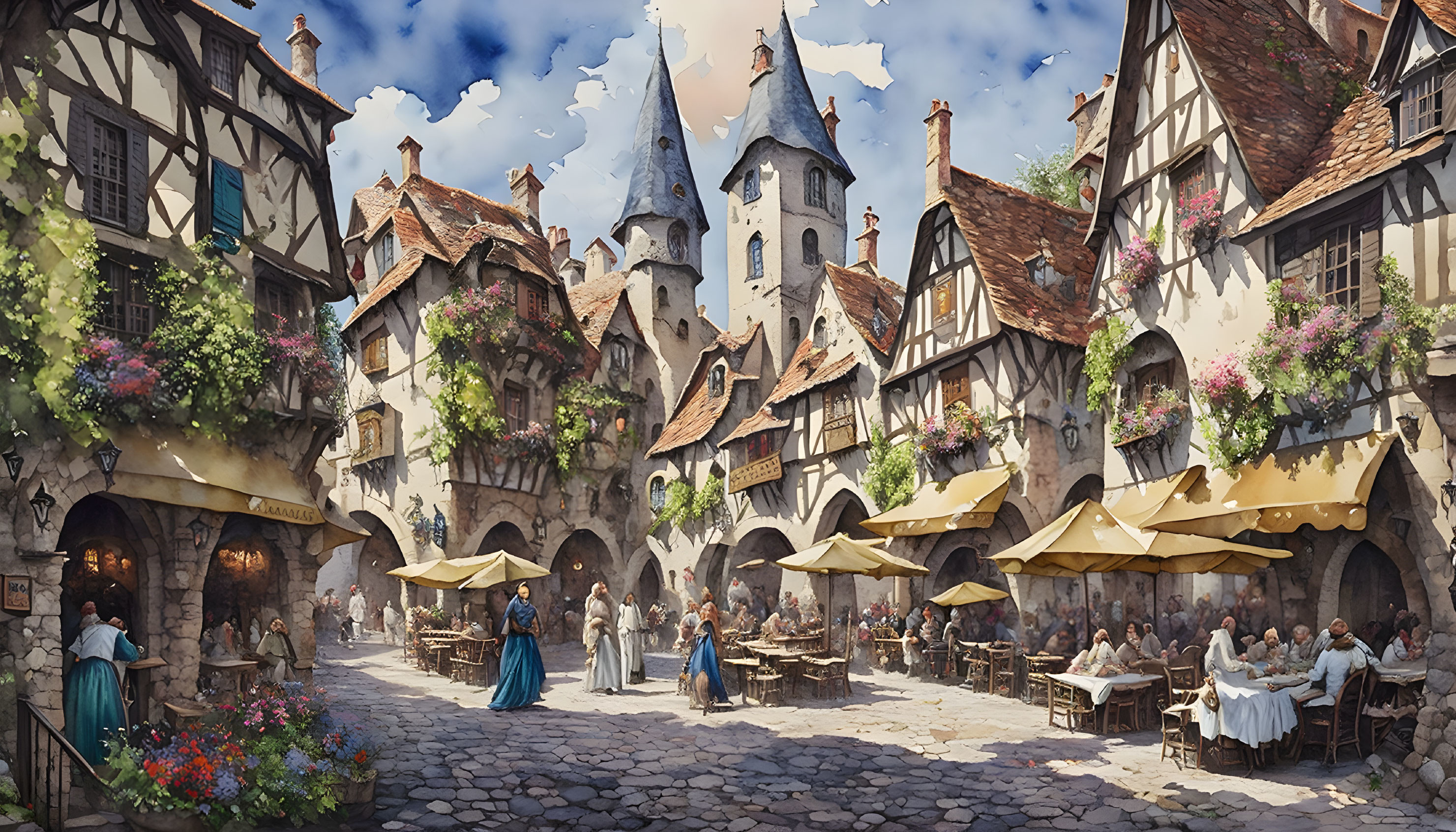 Medieval village scene with timbered houses, cobblestone street, market stalls, townsfolk,