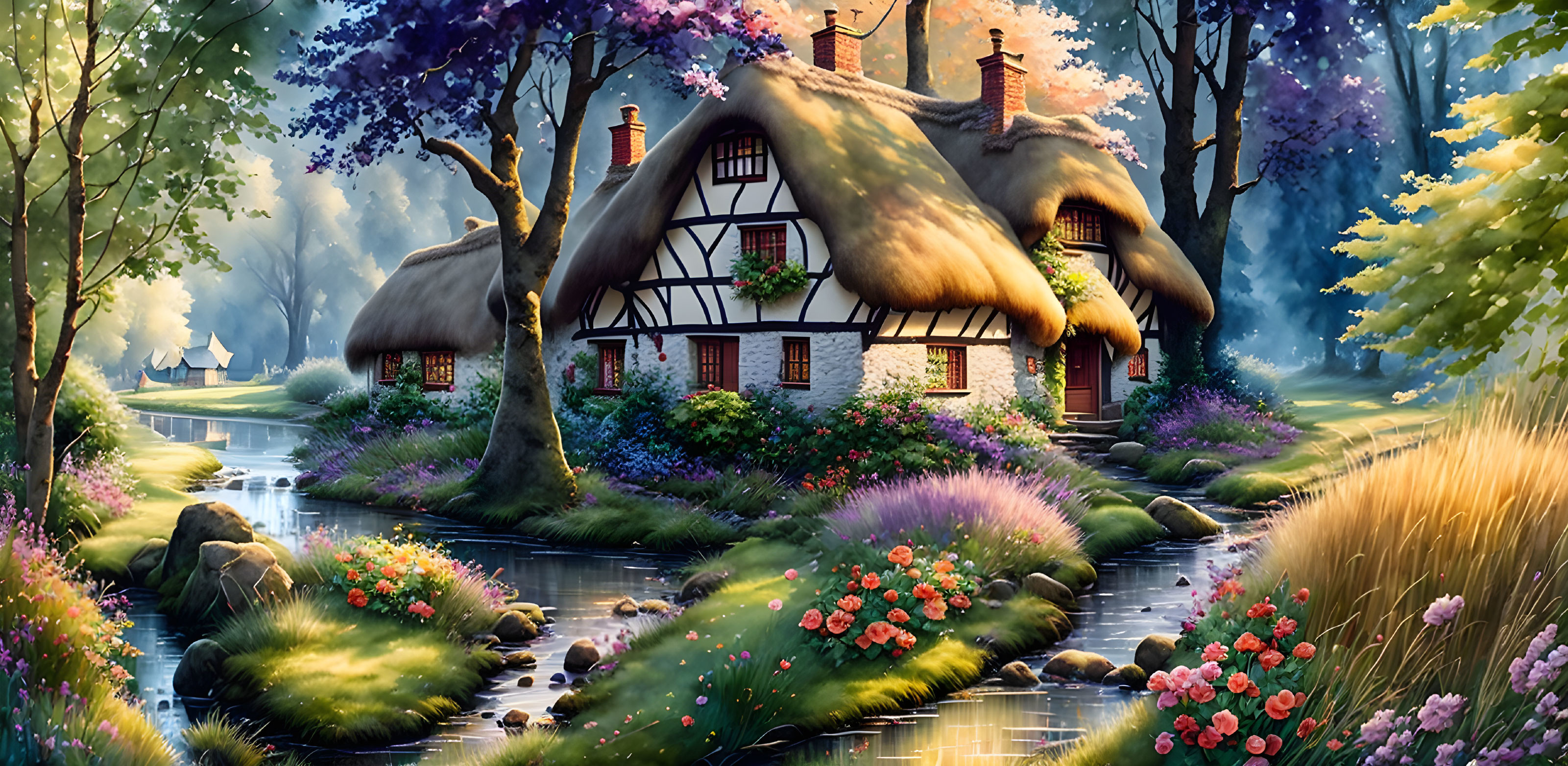 Thatched Cottage Surrounded by Flowers and Stream