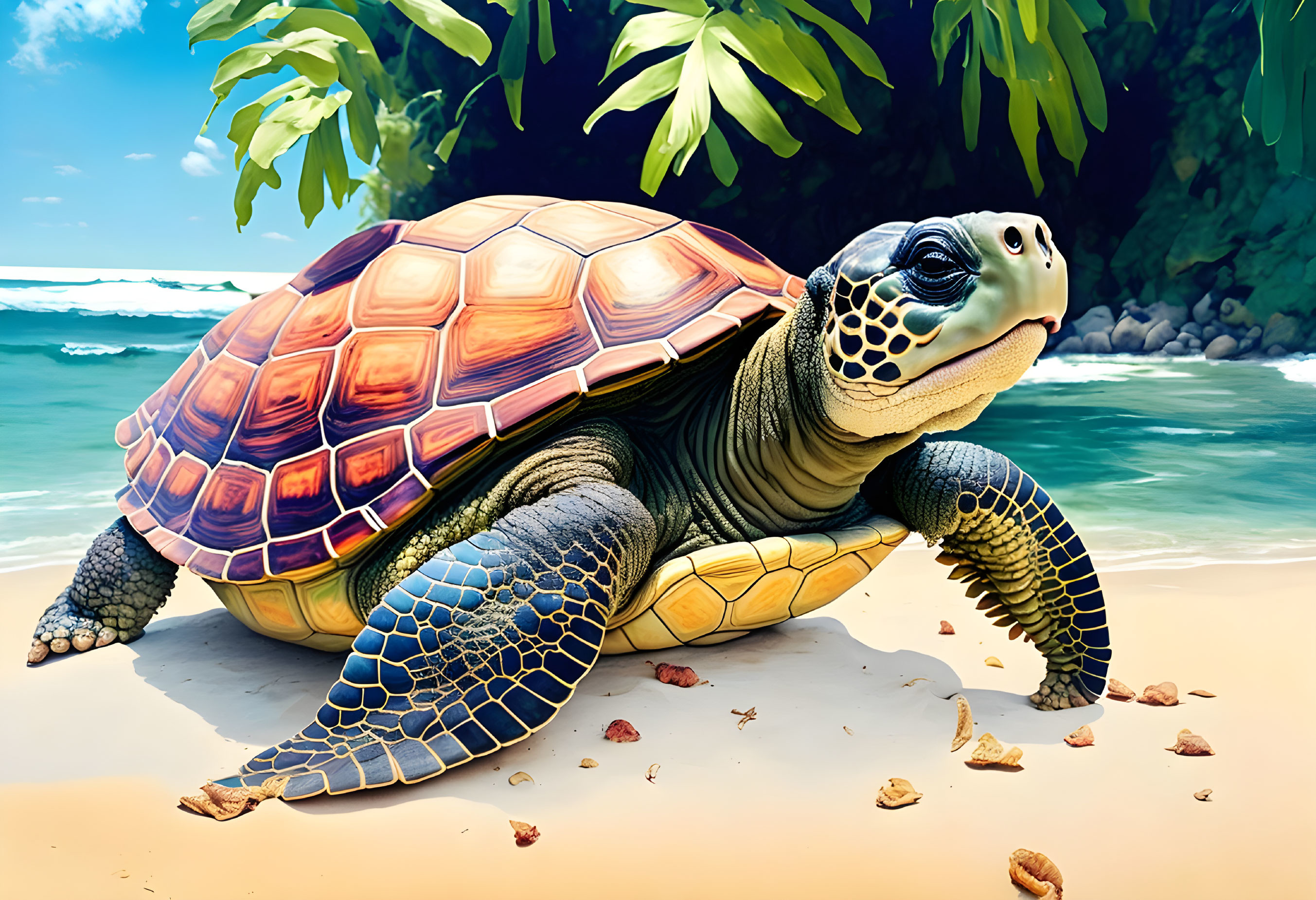 Colorful Sea Turtle Illustration on Sunny Beach