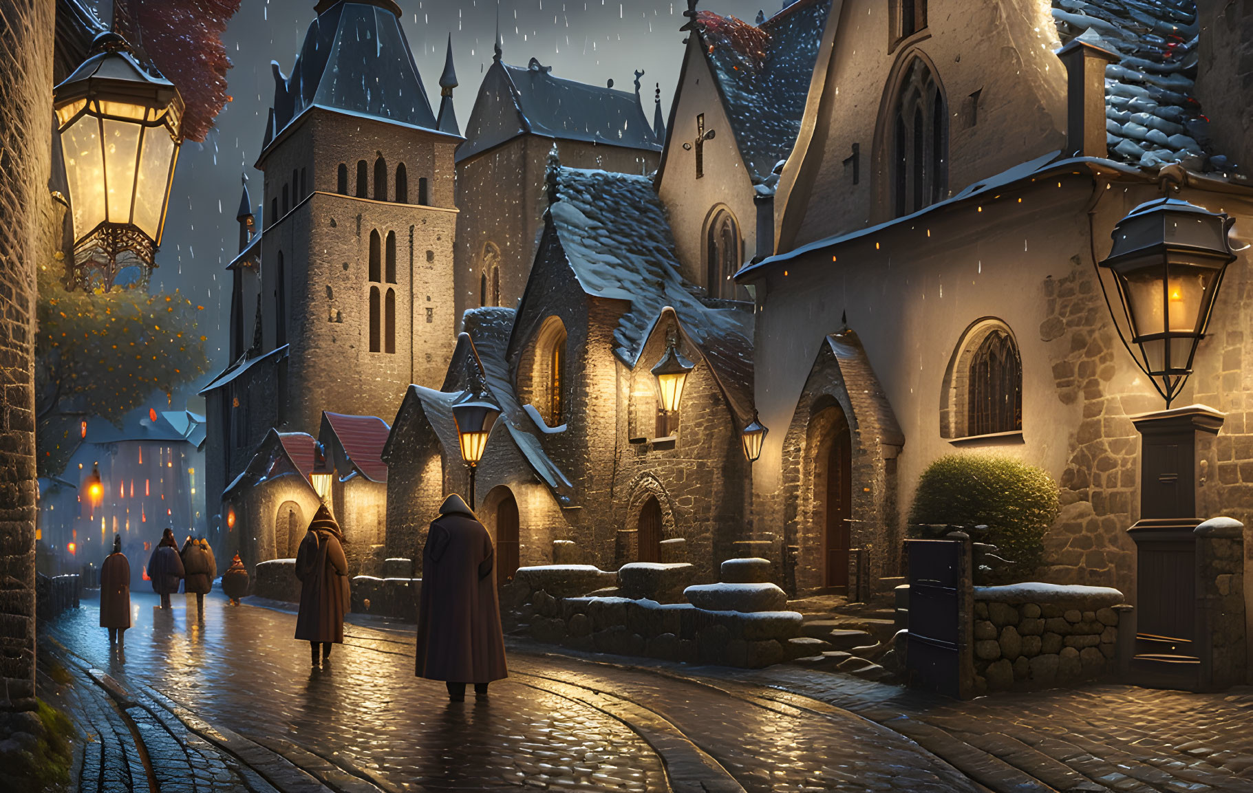 Snowy night scene with lantern-lit old-world street and medieval architecture