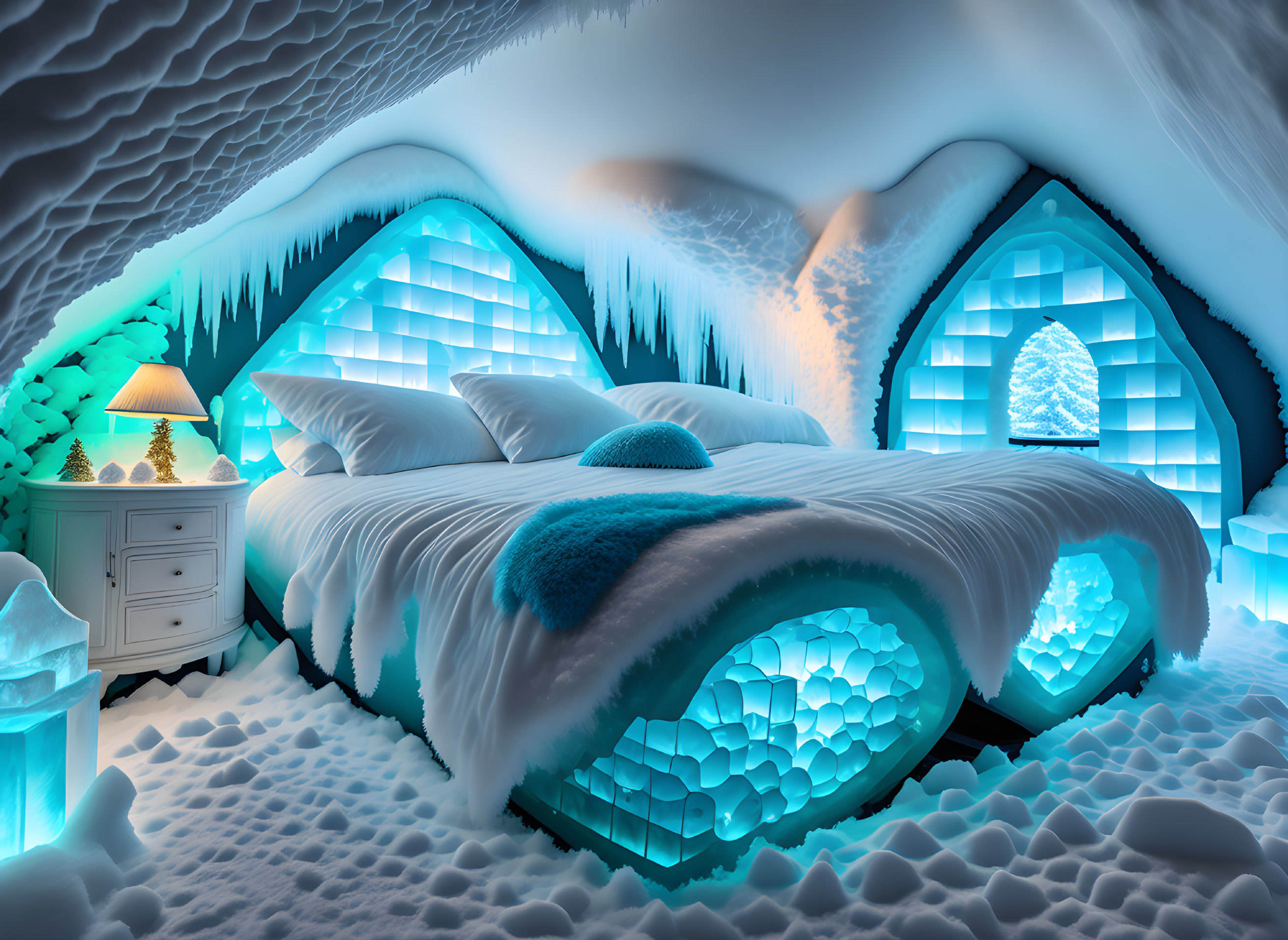 Whimsical ice-themed bedroom with cozy bed and glowing blue lighting