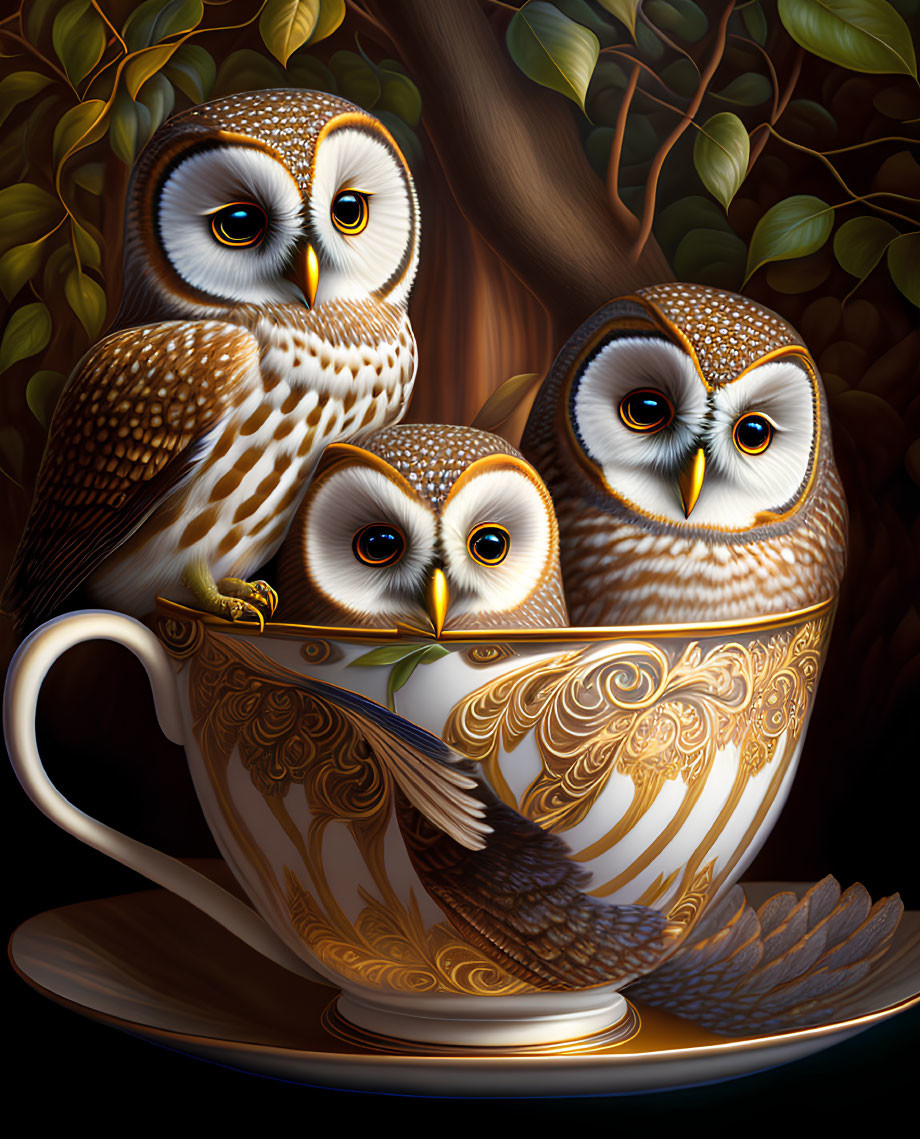 Stylized owl trio with intricate patterns in teacup against dark background