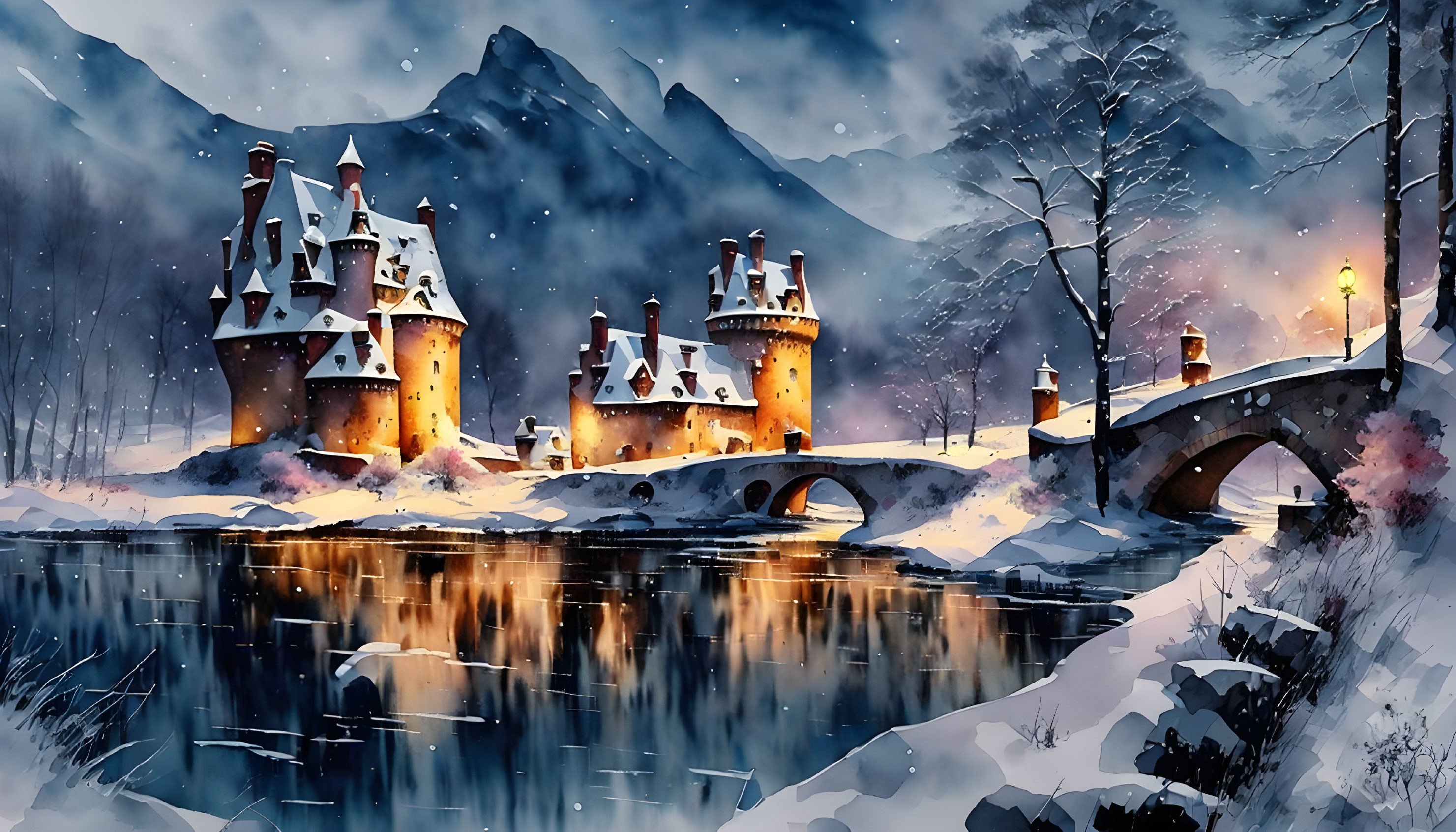 Majestic castle in serene snowy landscape with icy lake