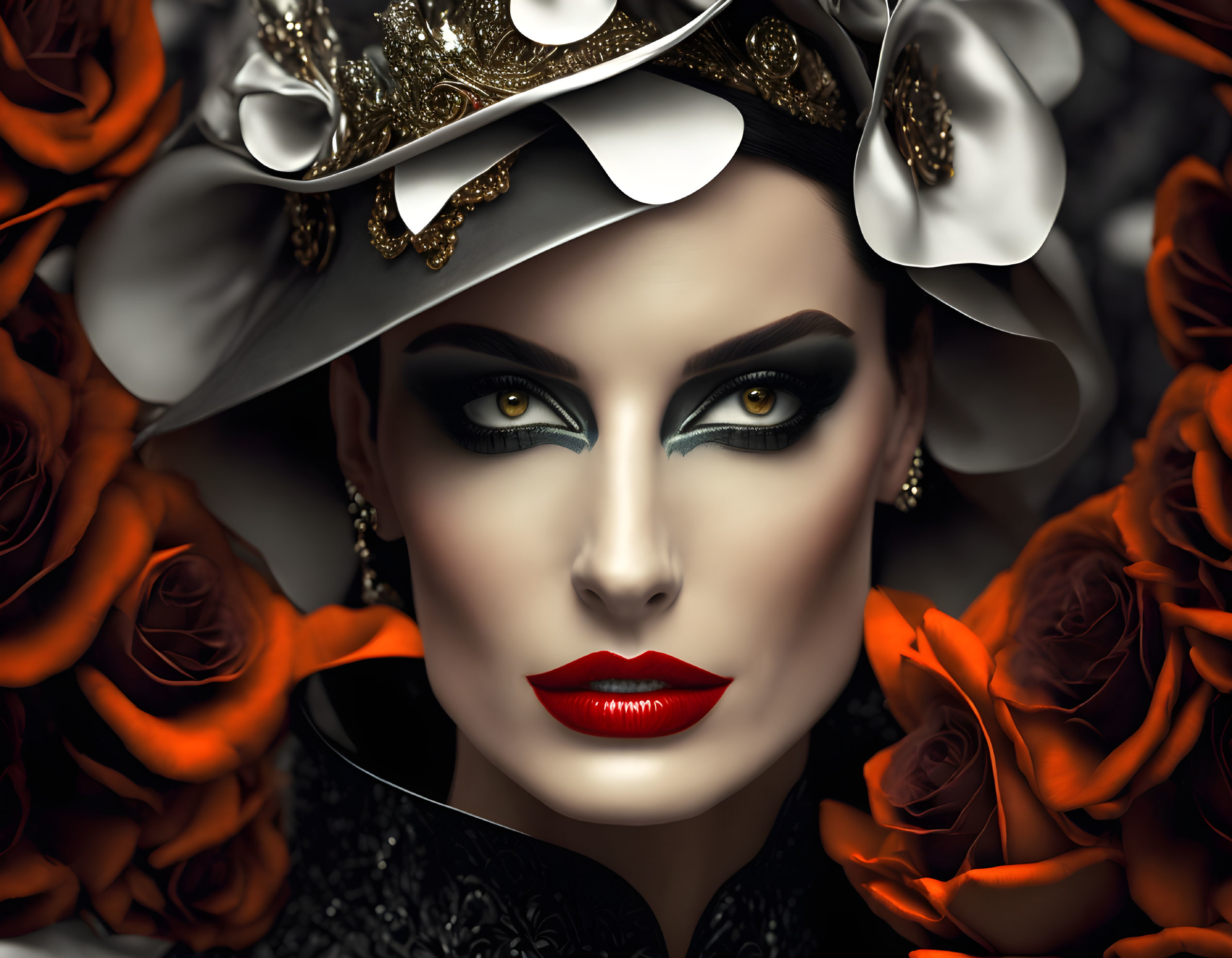 Woman with Striking Makeup and Red Lipstick, Adorned with Decorative Hat and Vibrant