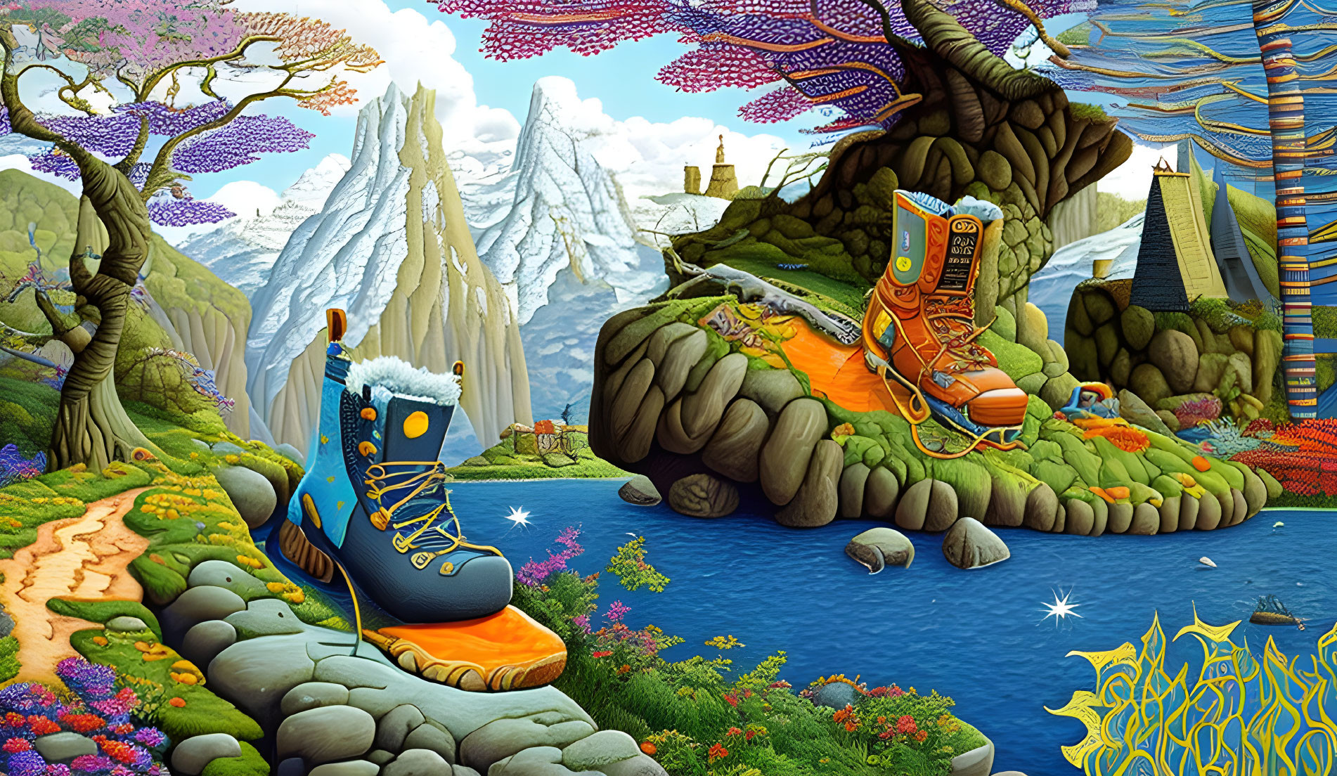 Colorful oversized hiking boots in vibrant fantasy landscape with lake, trees, and mountains